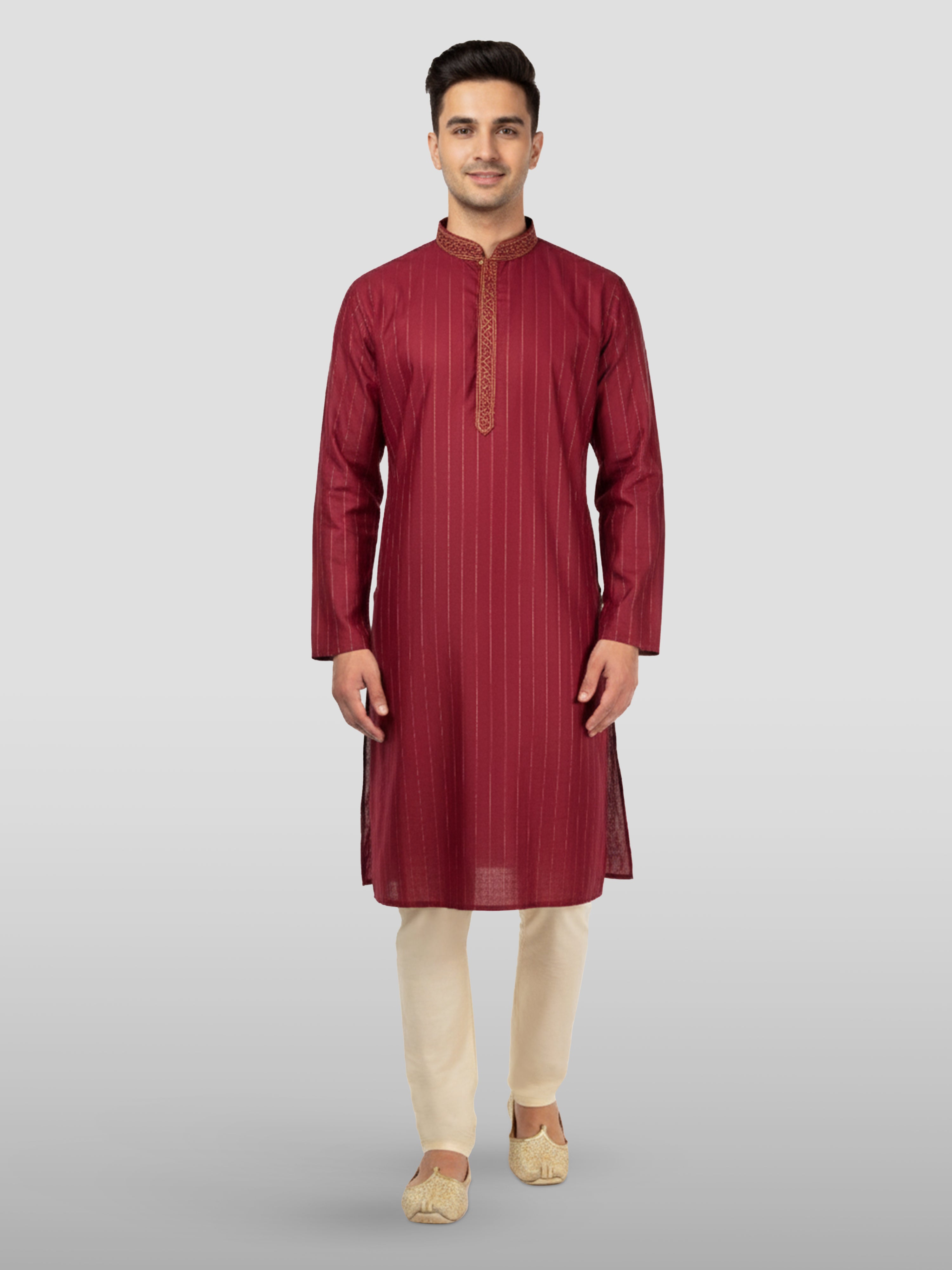 Men's Maroon Embroidered Kurta with Cream Pyjama