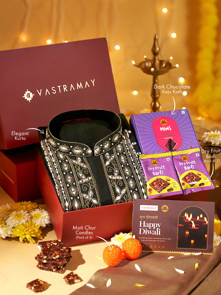 Vastramay Bottle Green Zari &amp; Mirror Work Chanderi Kurta | Diwali Gift Box with Go Desi Mithai &amp; 4 Laddoo Candles