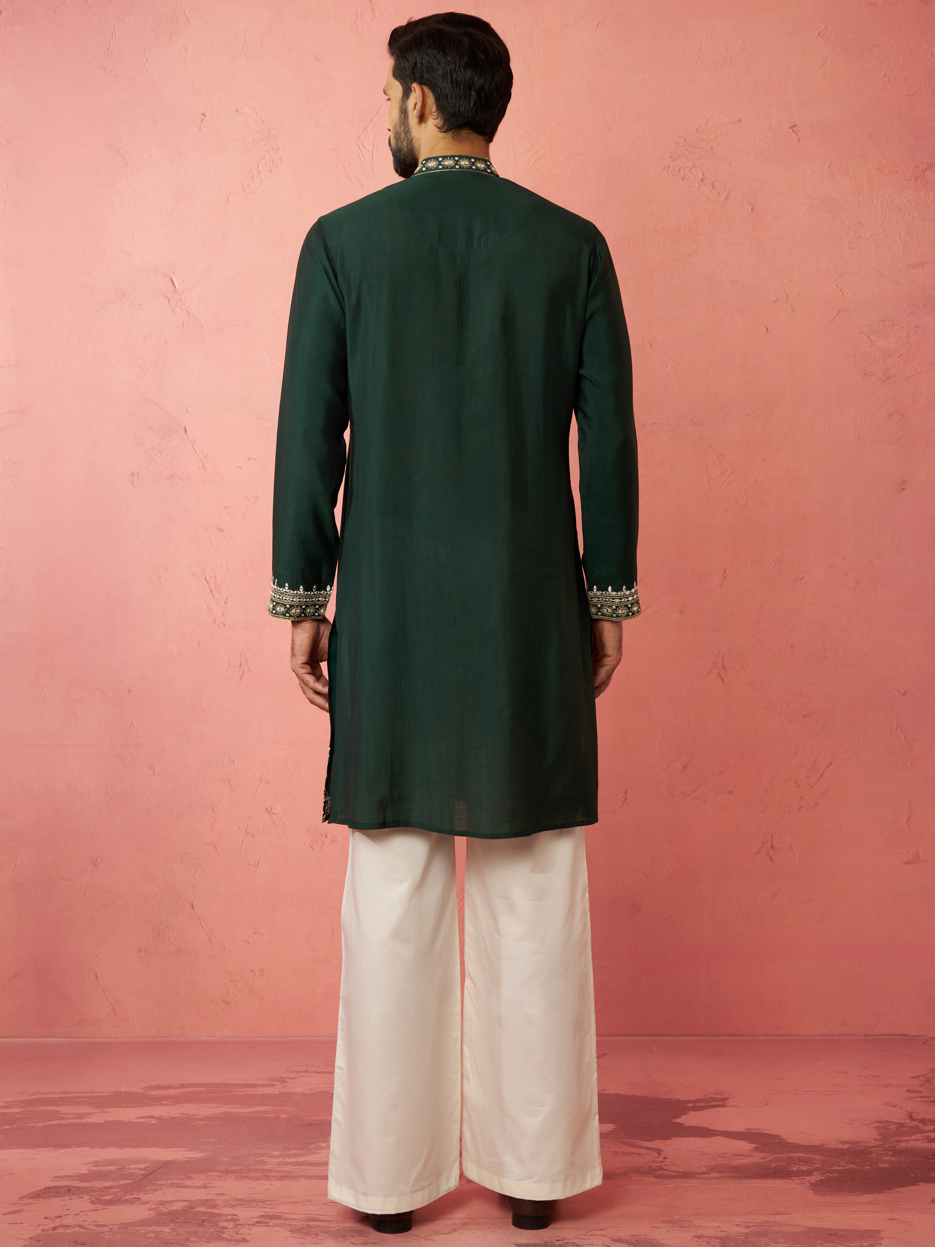 Men's Bottle Green Chanderi Kurta Set with Cream Pant