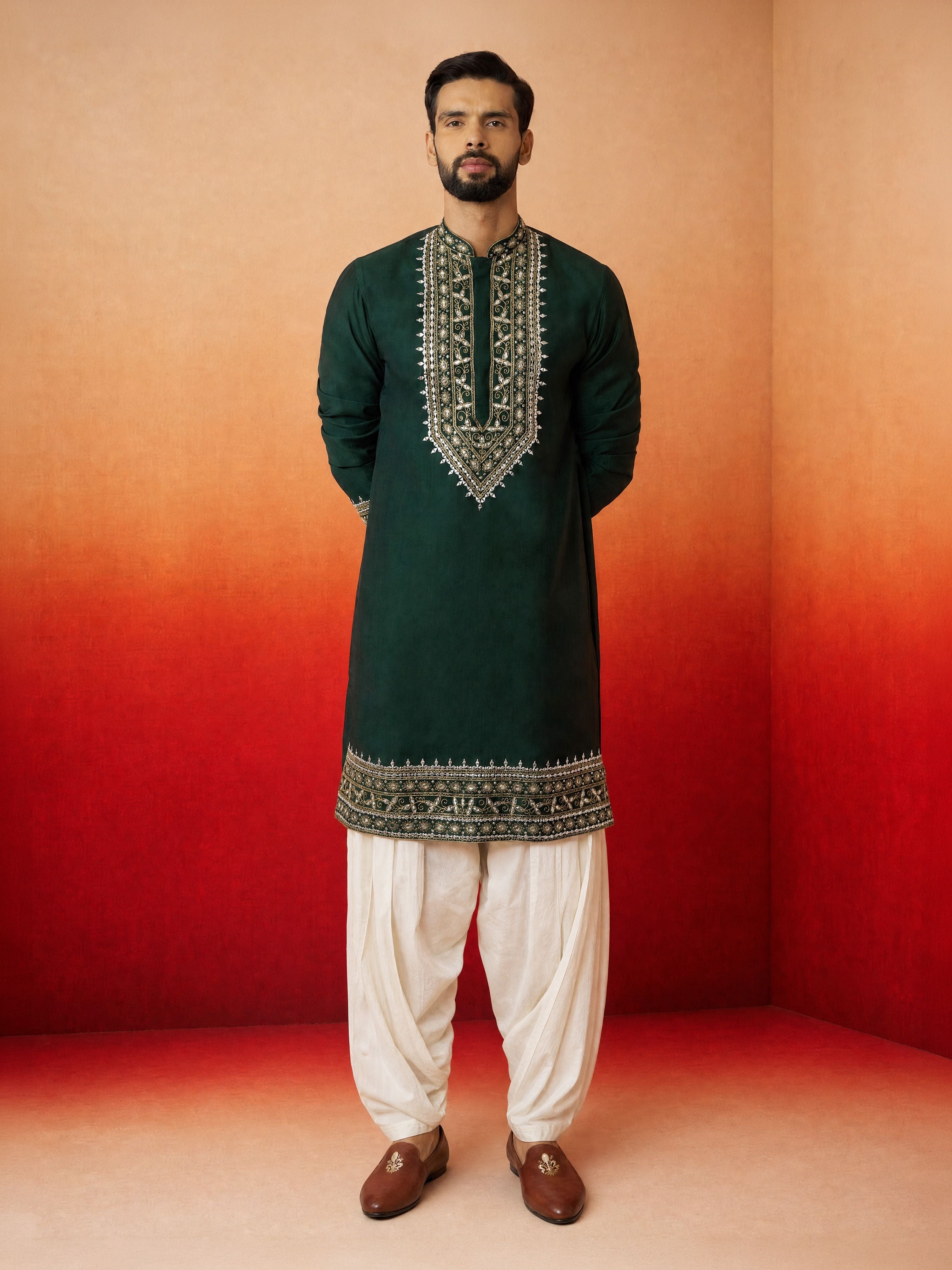 Men's Dark Green Chanderi Embroidered Knee Length Kurta with Patiala