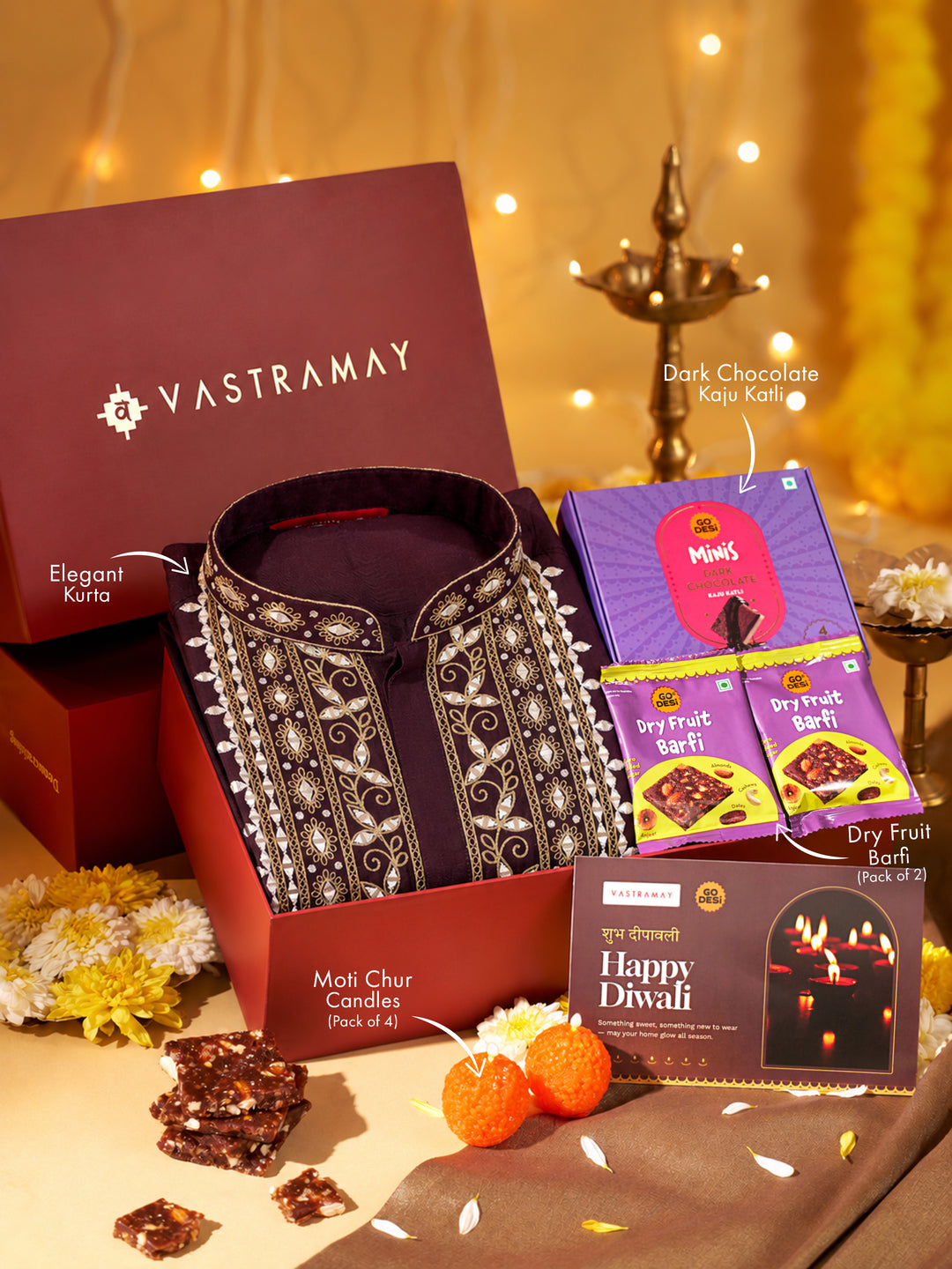 Vastramay Purple Zari &amp; Mirror Work Chanderi Kurta | Diwali Gift Box with Go Desi Mithai &amp; 4 Laddoo Candles