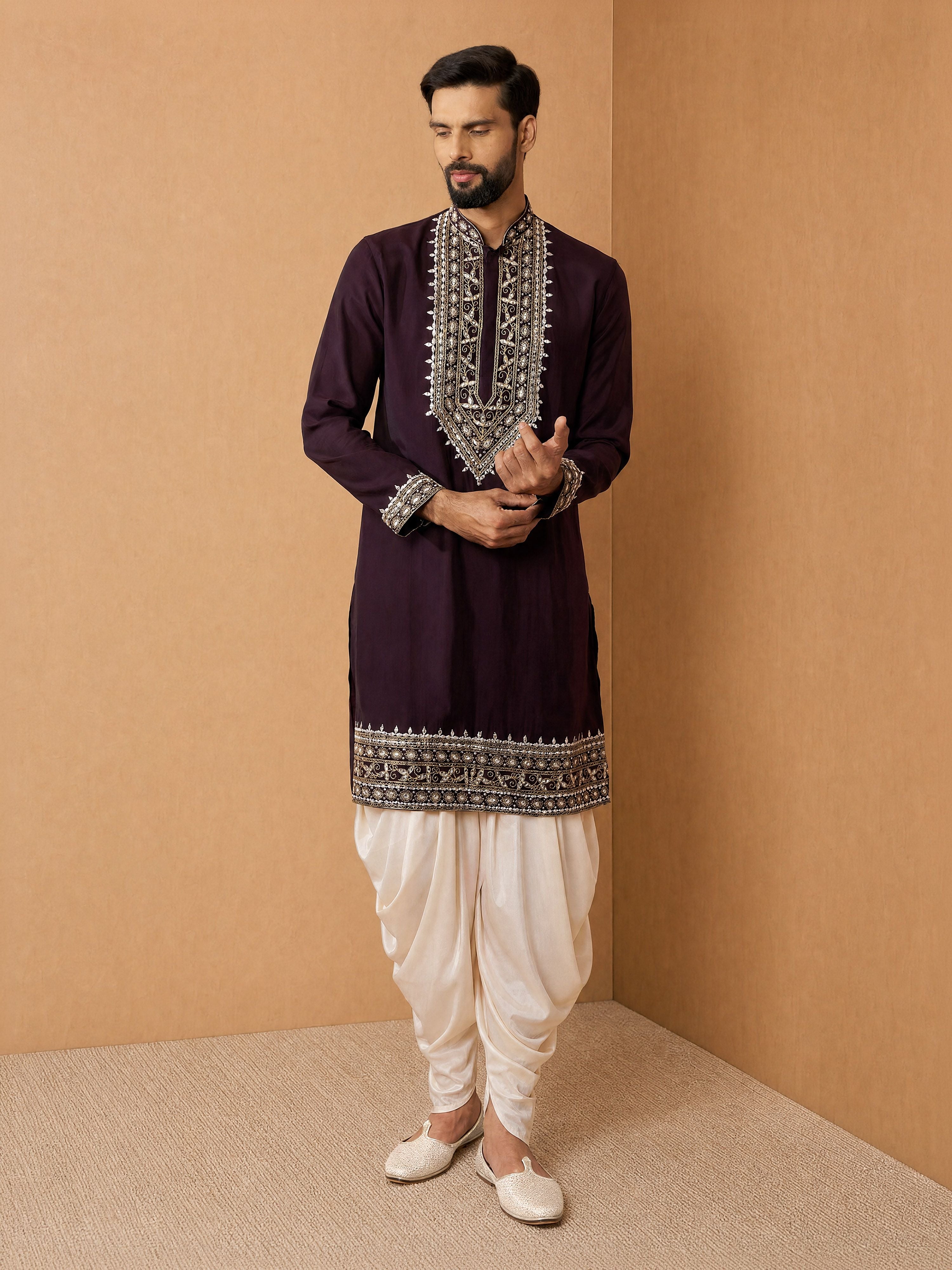 Men Purple Chanderi Kurta with Dhoti Festive Ethnic Wear