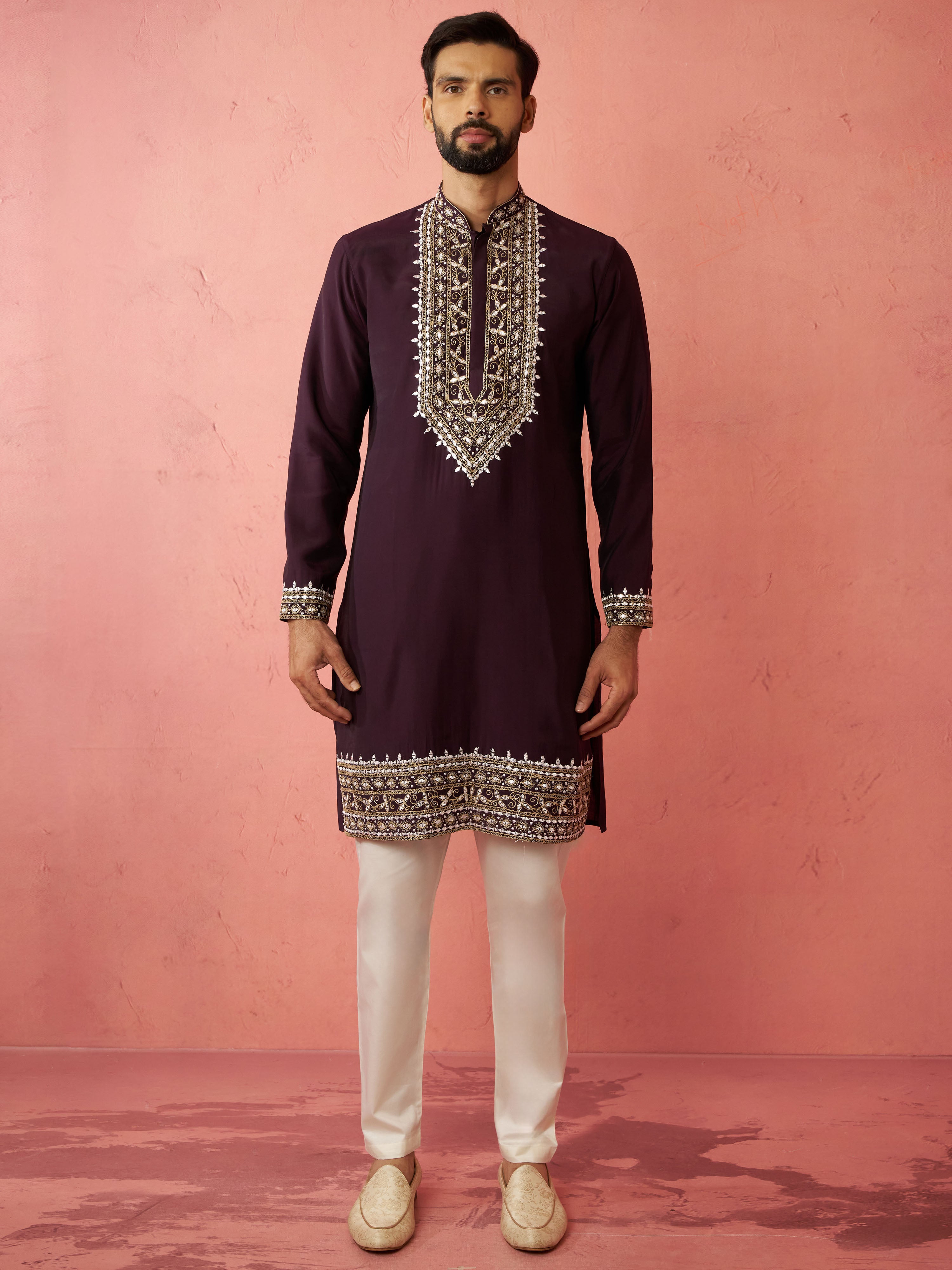Men's Purple Chanderi Kurta Set with Cream Pyjama