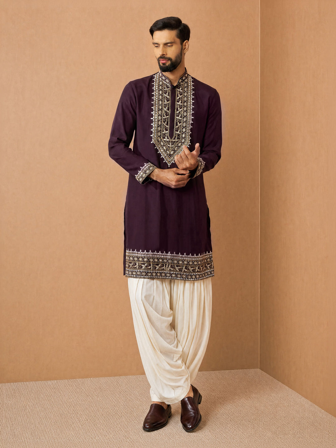 Men Purple Chanderi Kurta with Patiala Festive Ethnic Wear