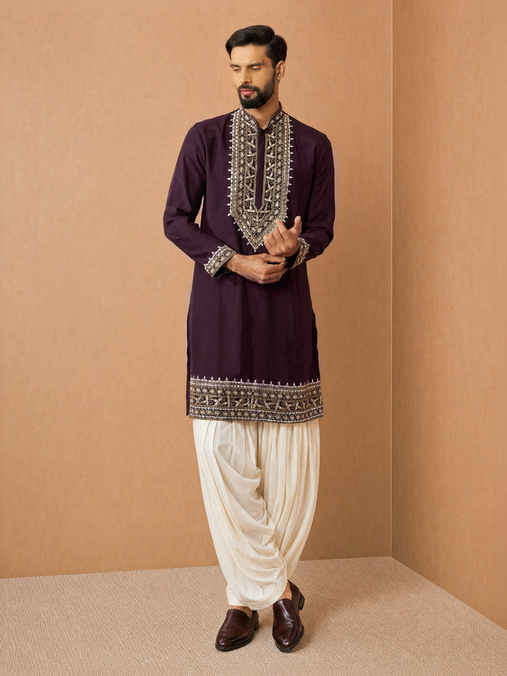 Men Purple Chanderi Kurta with Patiala Festive Ethnic Wear
