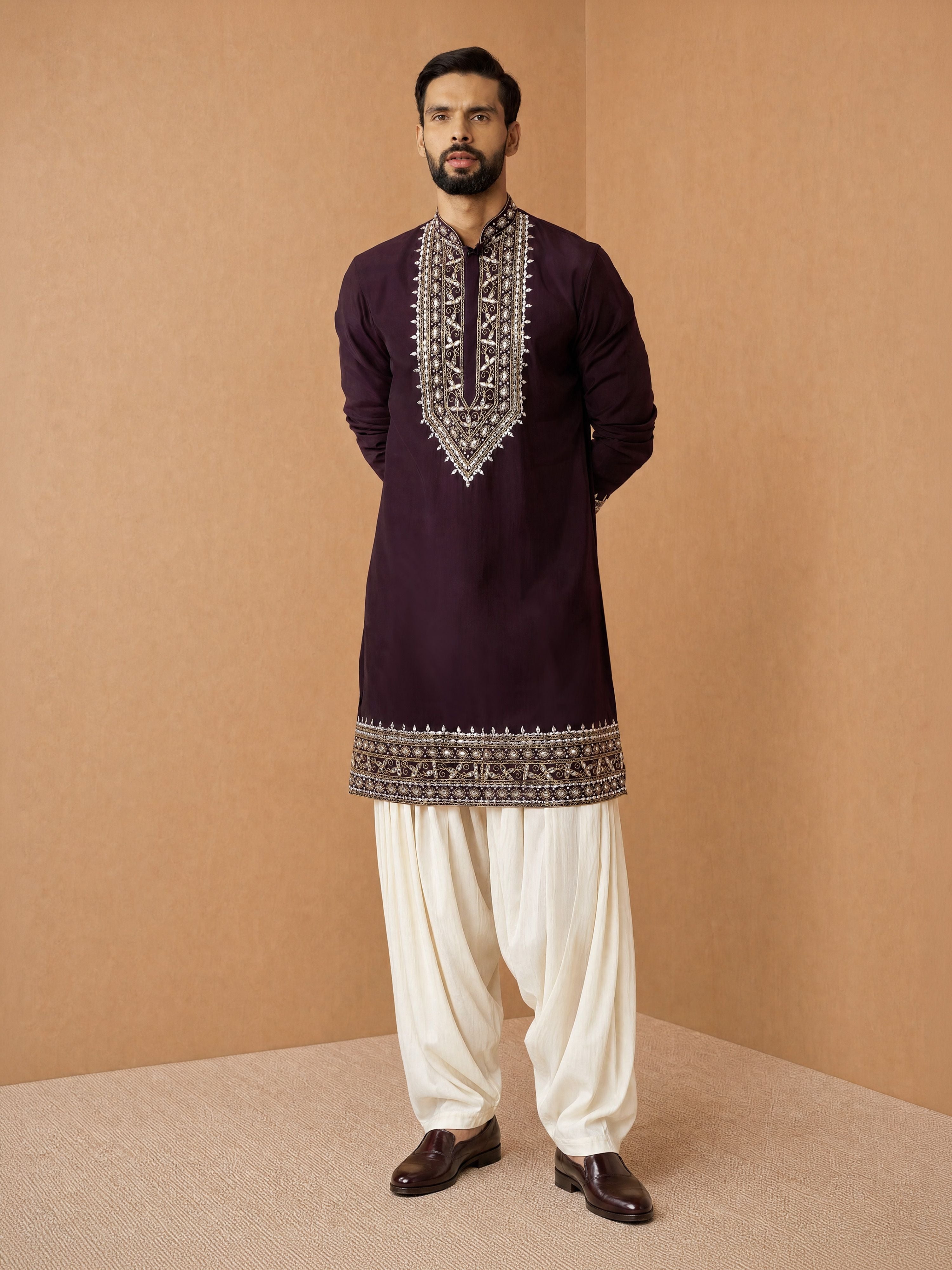 Men's Purple Chanderi Embellished Knee Length Kurta with Patiala