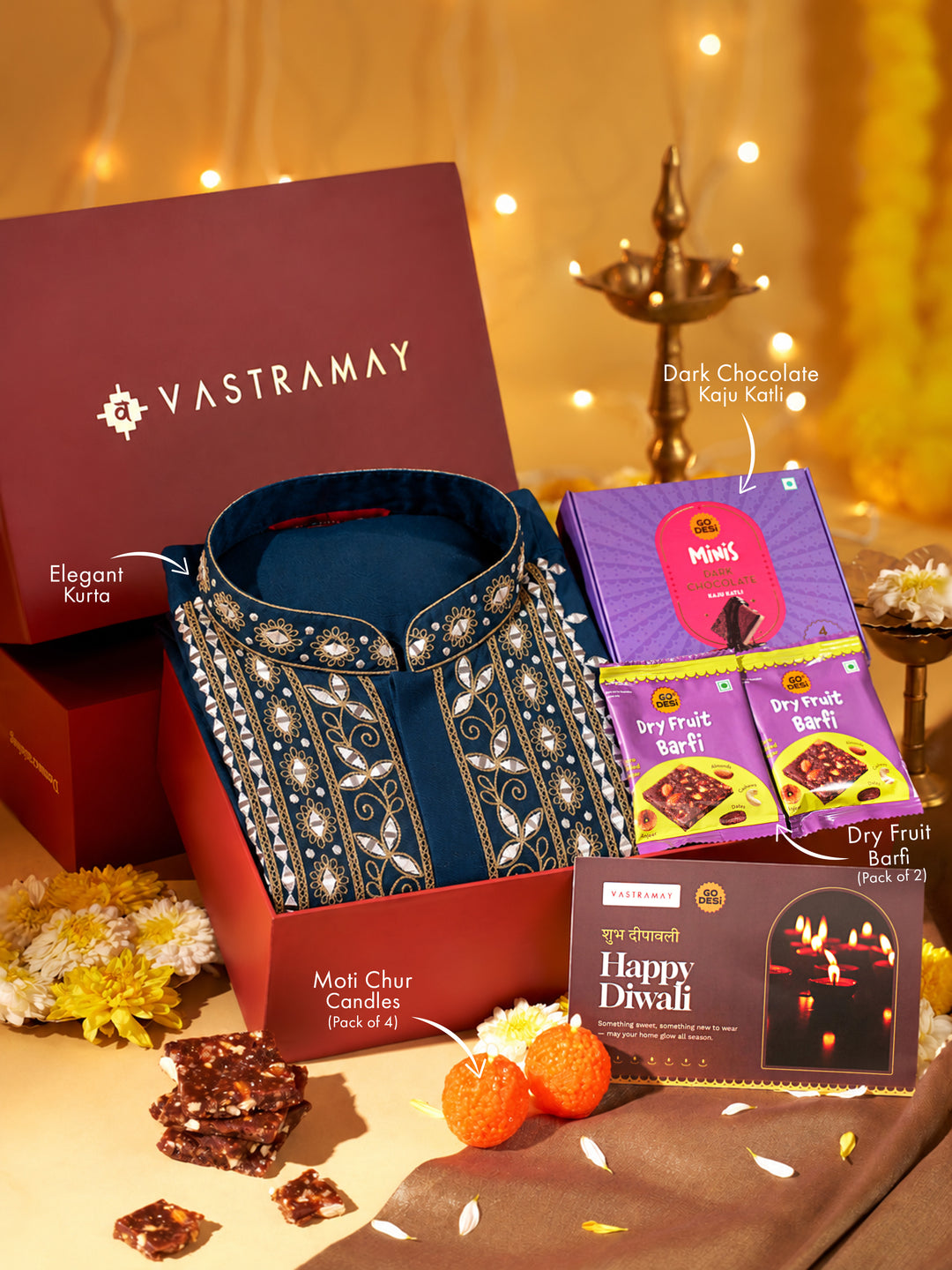Vastramay Turquoise Green Zari &amp; Mirror Work Chanderi Kurta | Diwali Gift Box with Go Desi Mithai &amp; 4 Laddoo Candles