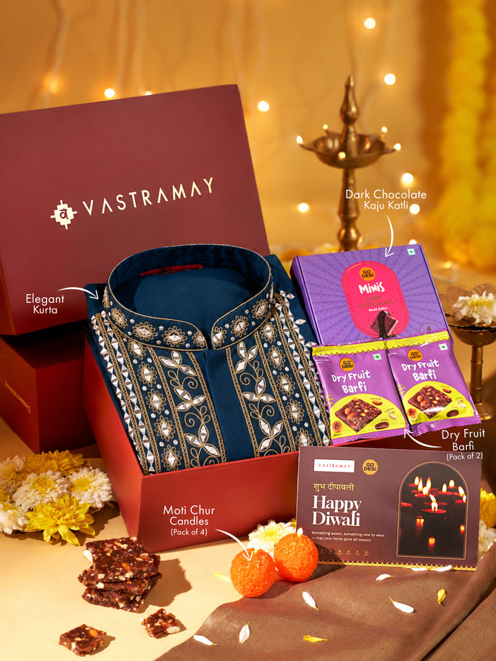 Vastramay Turquoise Green Zari &amp; Mirror Work Chanderi Kurta | Diwali Gift Box with Go Desi Mithai &amp; 4 Laddoo Candles