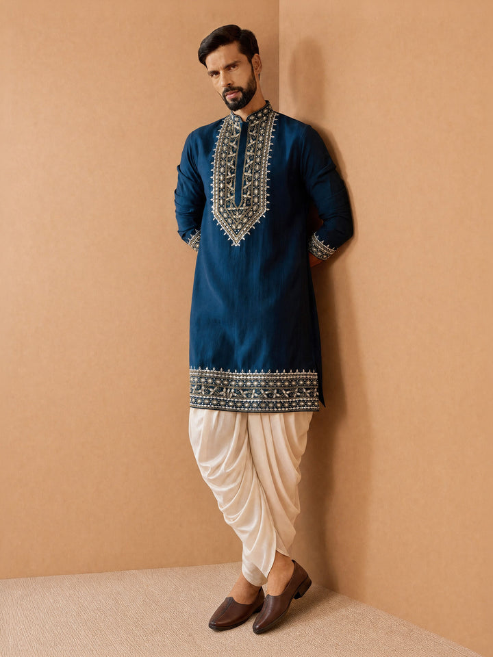 Men Turquoise Chanderi Kurta with Dhoti Festive Ethnic Wear