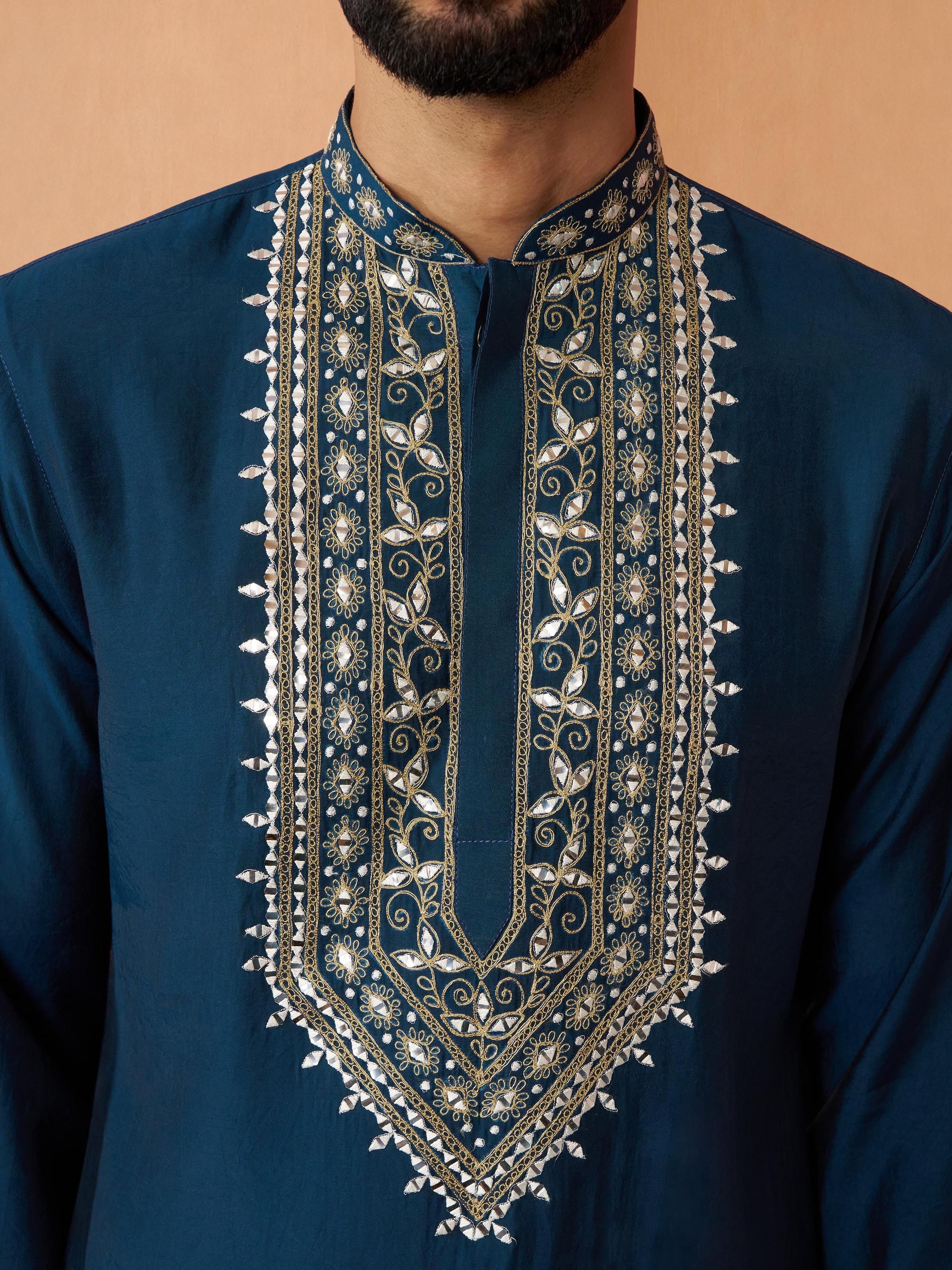Men's Turquoise Chanderi Embellished Knee Length Kurta with Dhoti