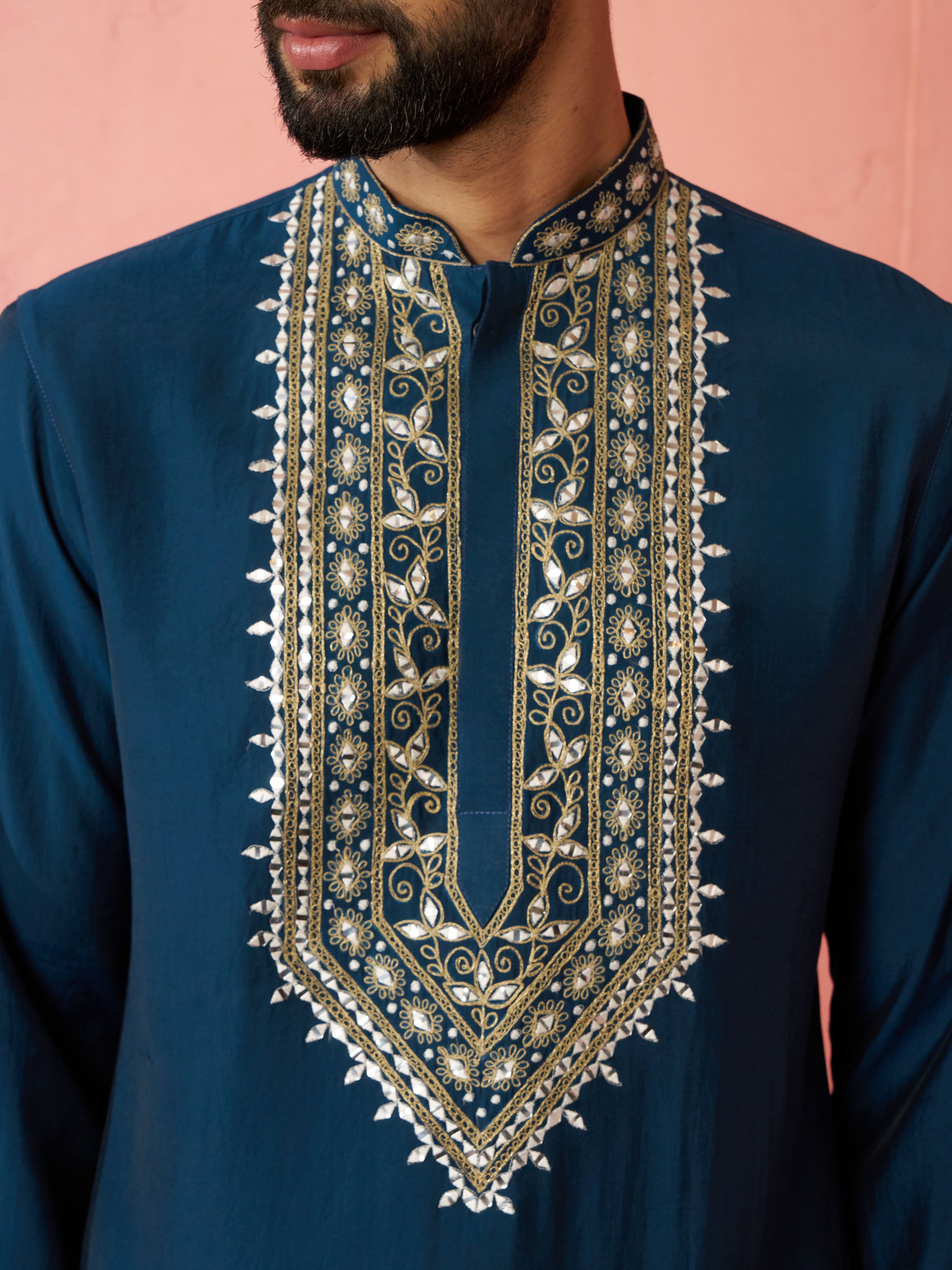 Men's Turquoise Chanderi Kurta Set with Cream Pyjama