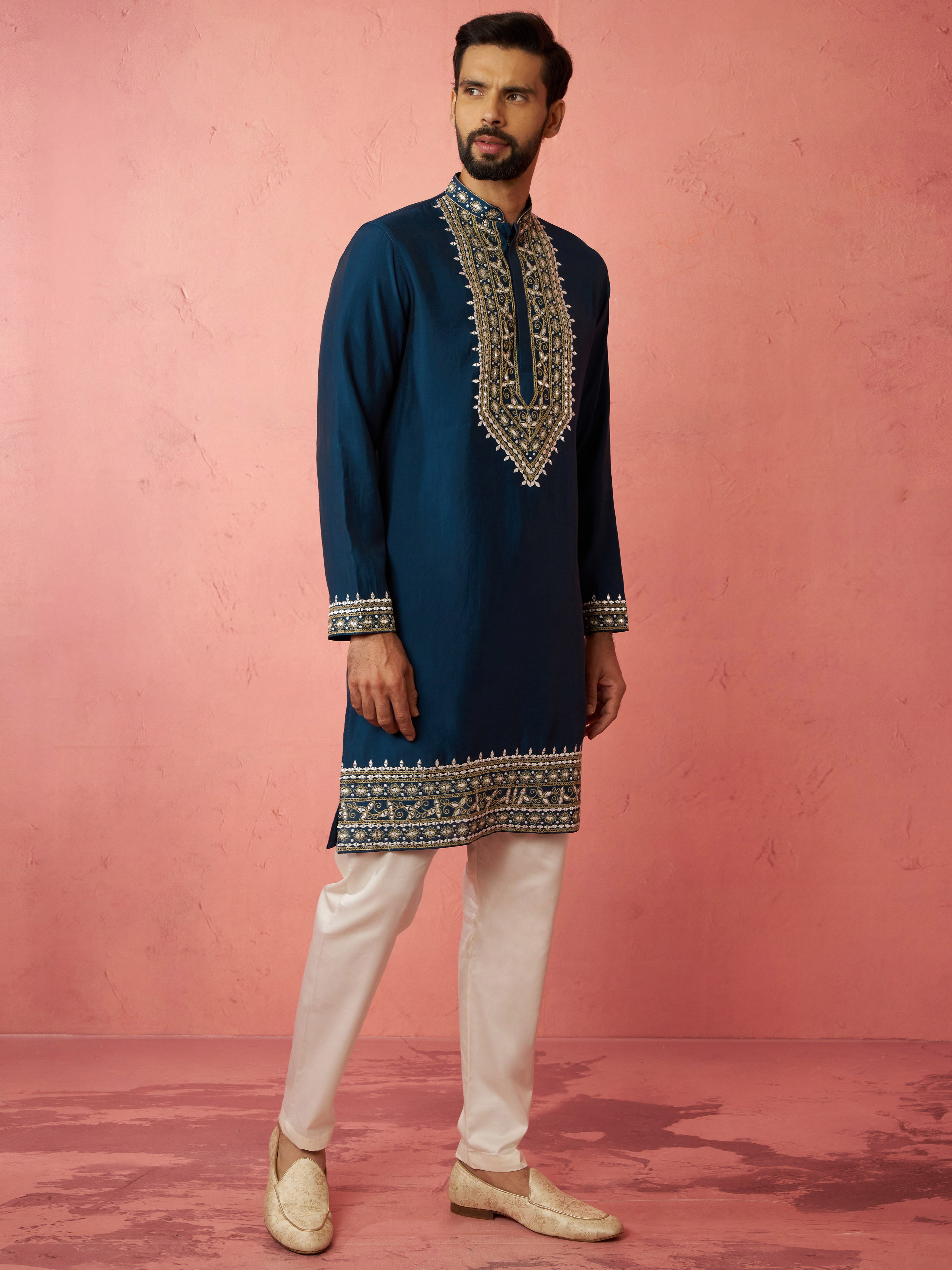Men's Turquoise Chanderi Kurta Set with Cream Pyjama