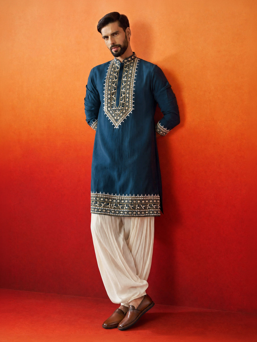 Men Turquoise Chanderi Kurta with Patiala Festive Ethnic Wear
