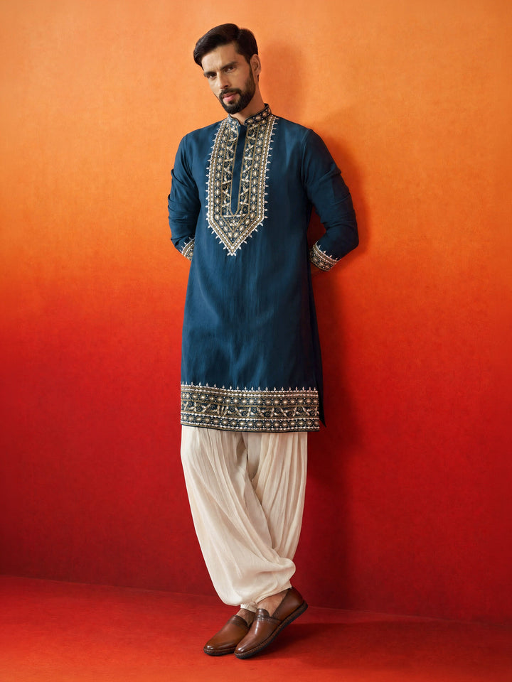 Men Turquoise Chanderi Kurta with Patiala Festive Ethnic Wear