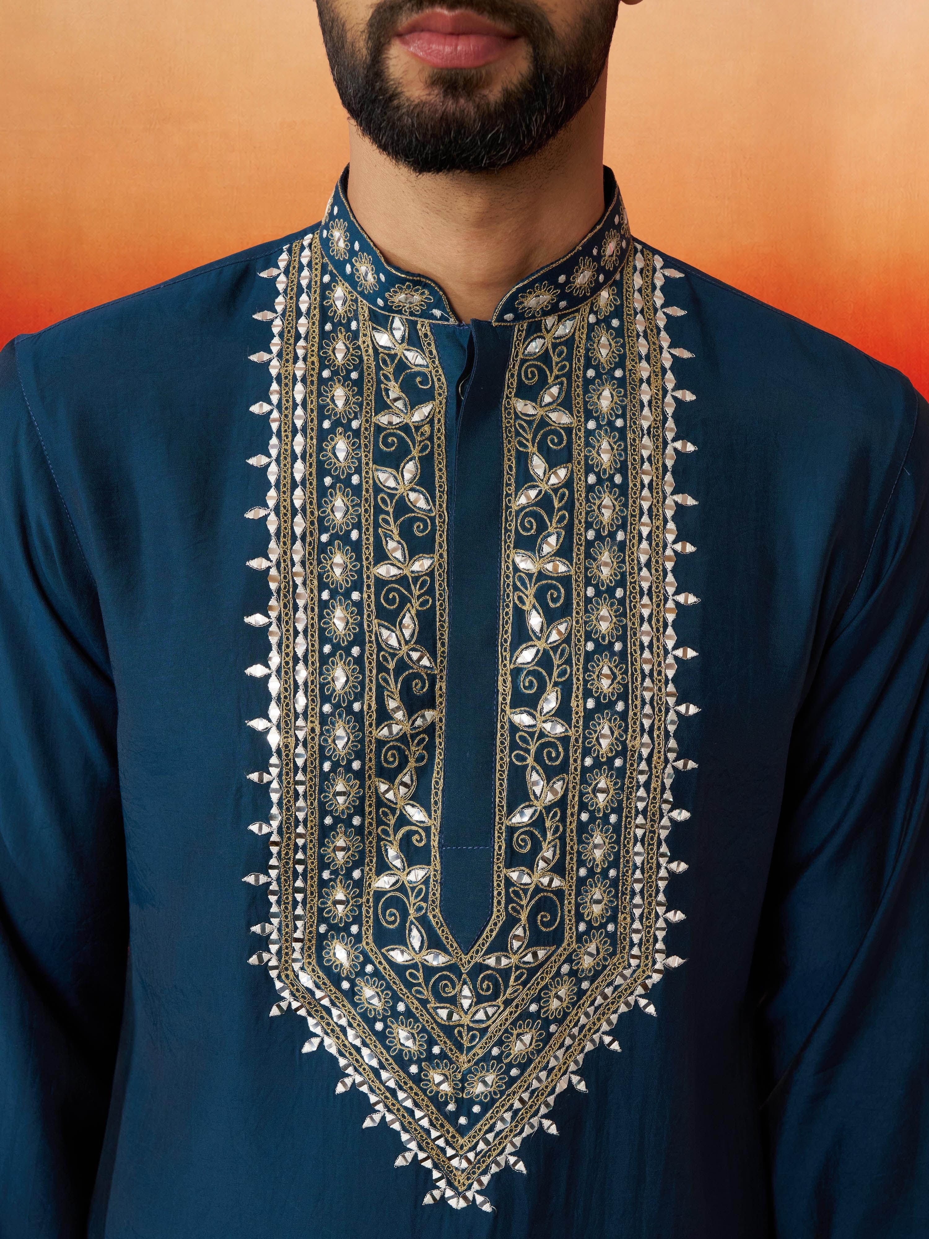 Men's Turquoise Chanderi Embroidered Knee Length Kurta with Patiala