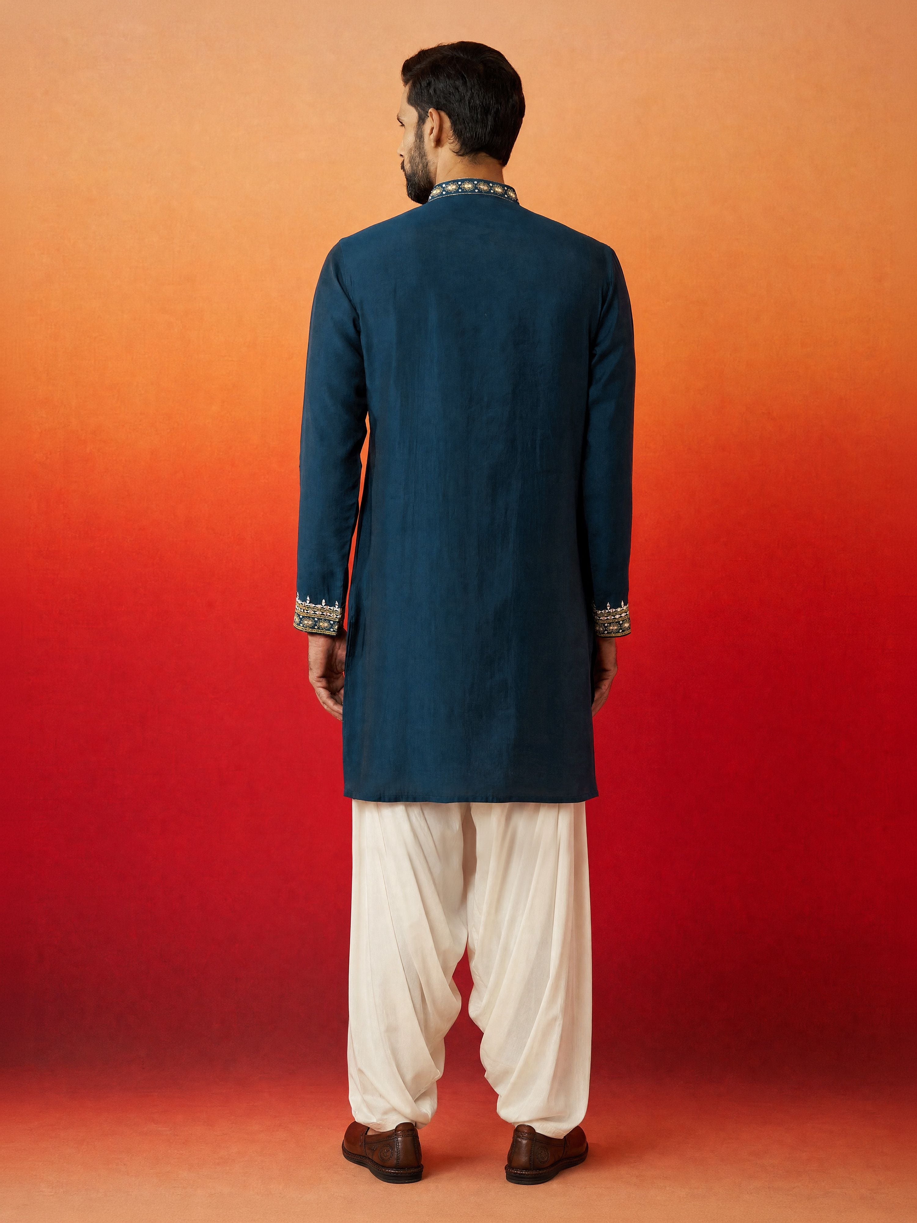 Men's Turquoise Chanderi Embroidered Knee Length Kurta with Patiala
