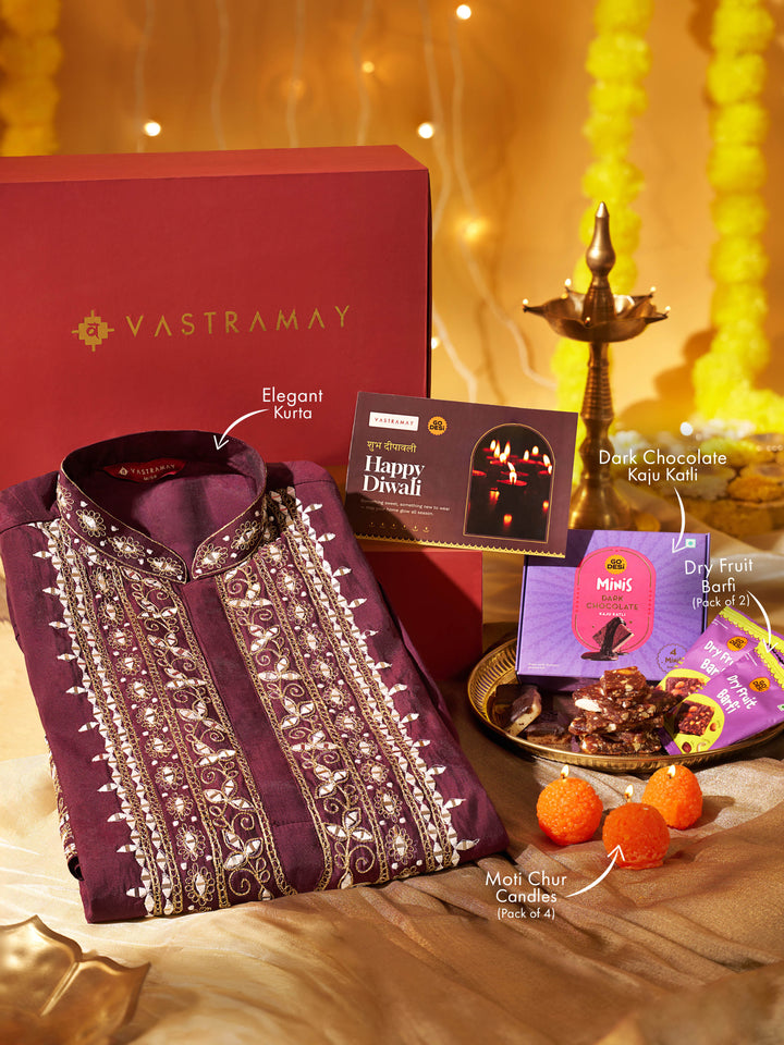 Vastramay Wine Zari &amp; Mirror Work Chanderi Kurta | Diwali Gift Box with Go Desi Mithai &amp; 4 Laddoo Candles