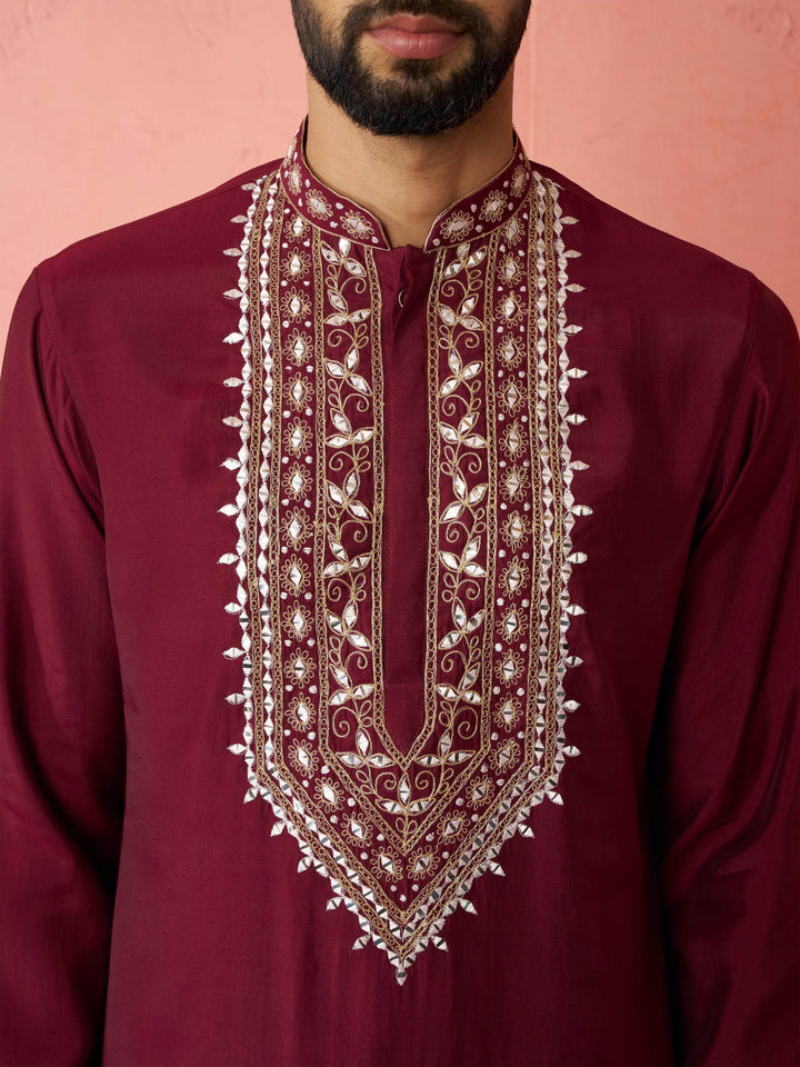 Vastramay Wine Zari &amp; Mirror Work Chanderi Kurta | Diwali Gift Box with Go Desi Mithai &amp; 4 Laddoo Candles