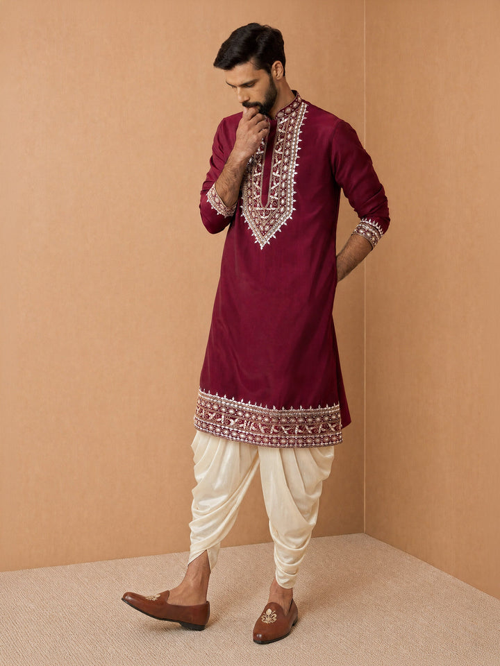 Men Wine Chanderi Kurta with Dhoti Festive Ethnic Wear