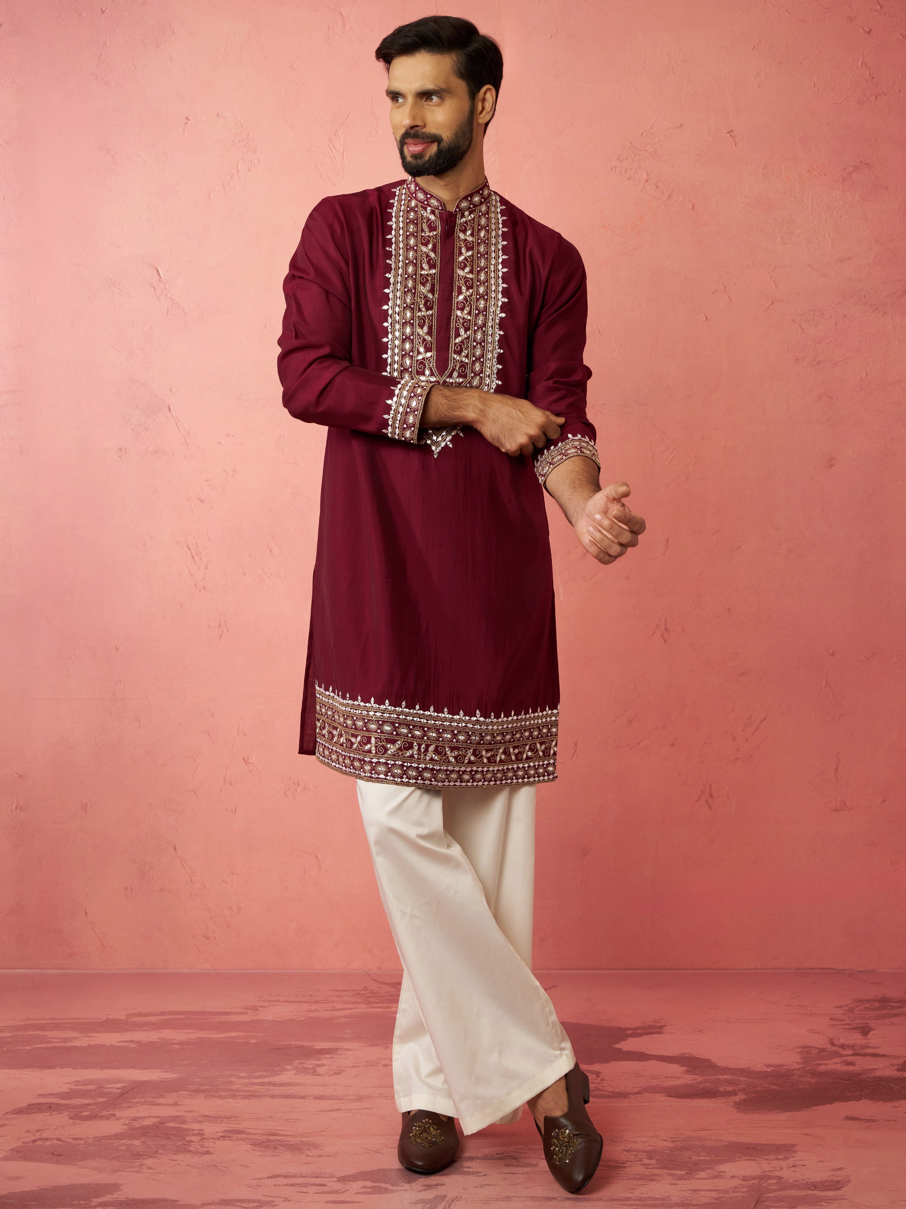 Men's Wine Chanderi Kurta Set with Cream Pant