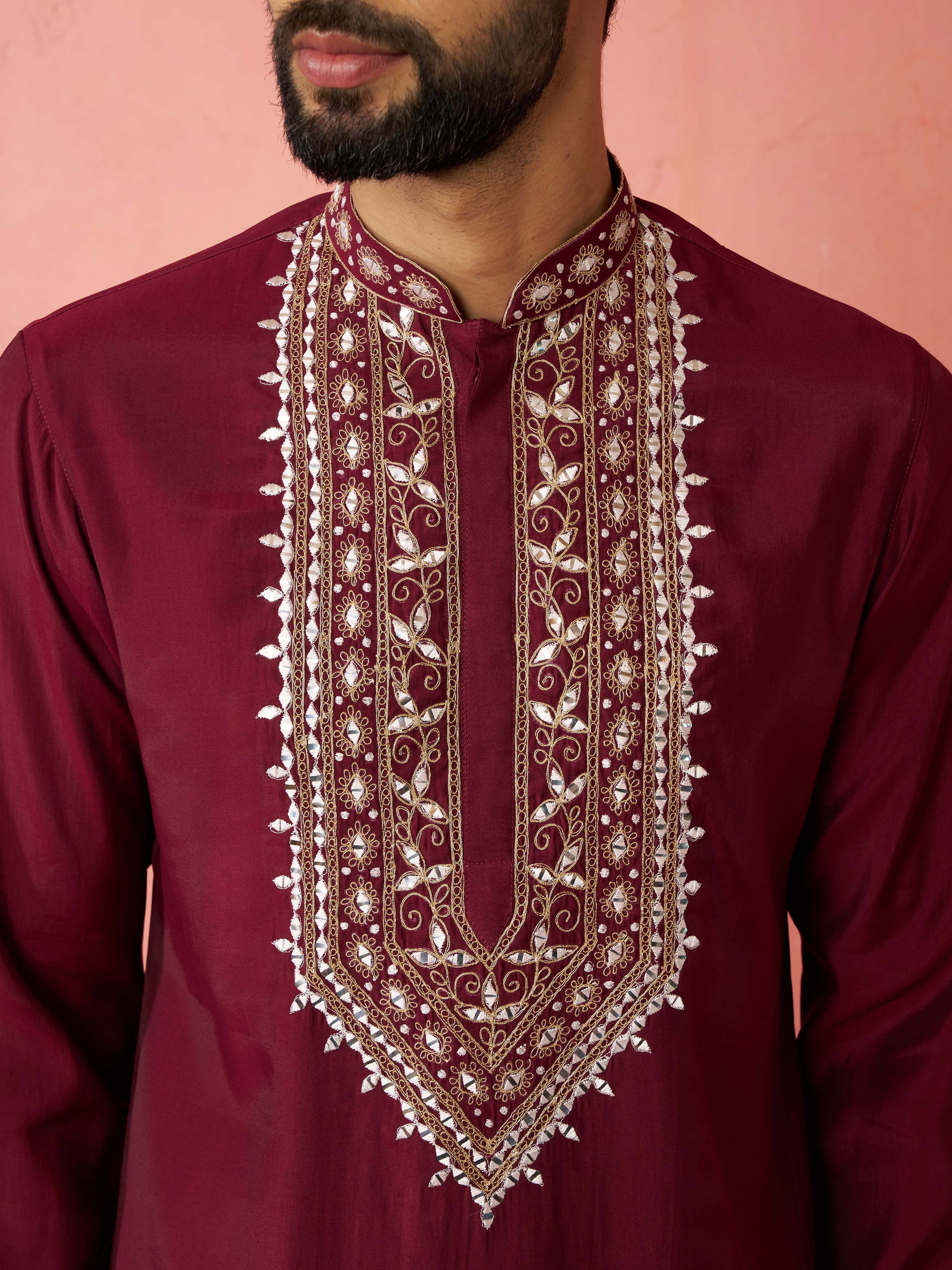 Men's Wine Chanderi Kurta Set with Cream Pant