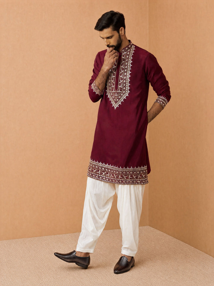 Men Wine Chanderi Kurta with Patiala Festive Ethnic Wear