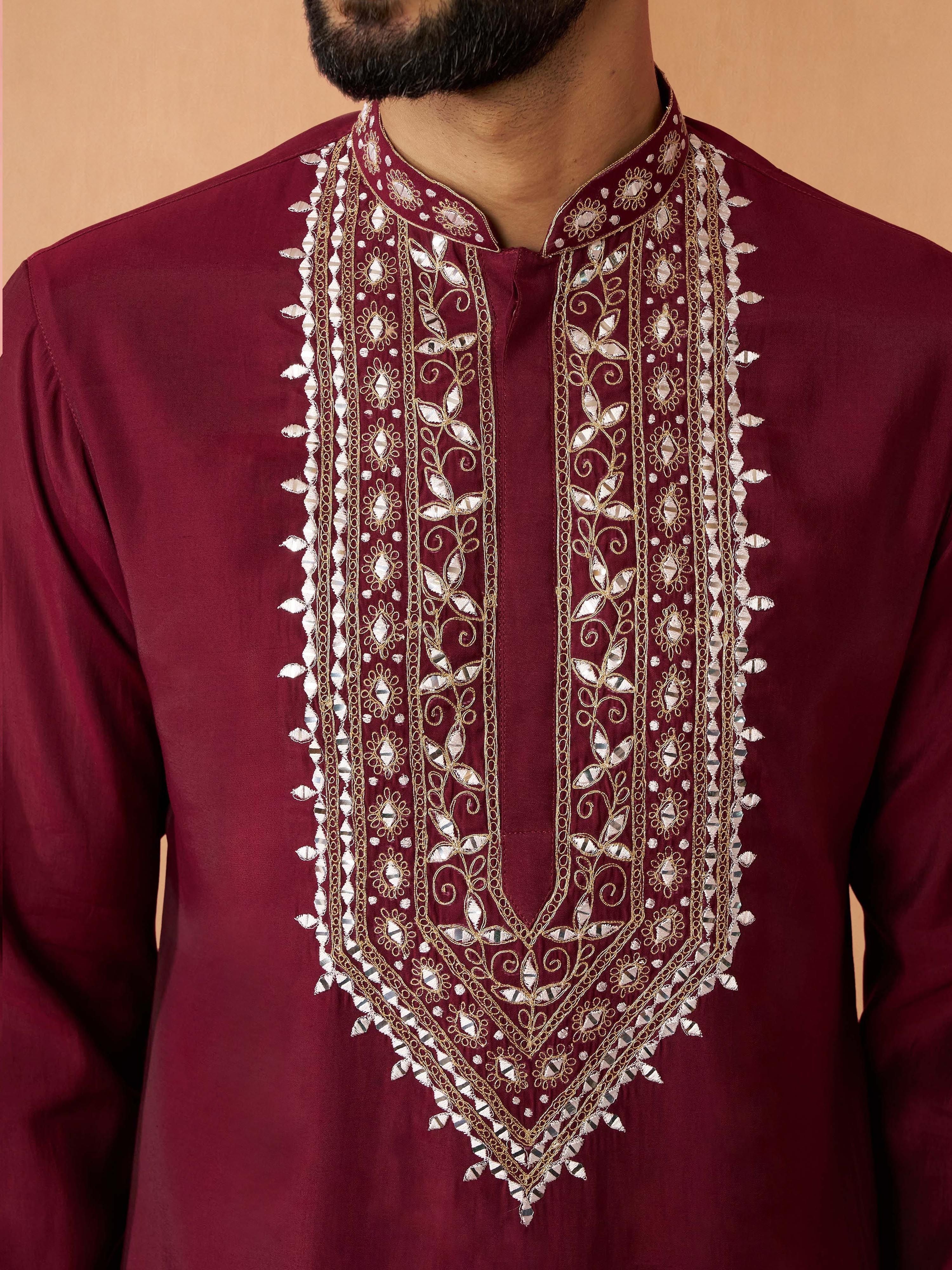 Men's Wine Chanderi Embellished Knee Length Kurta with Patiala