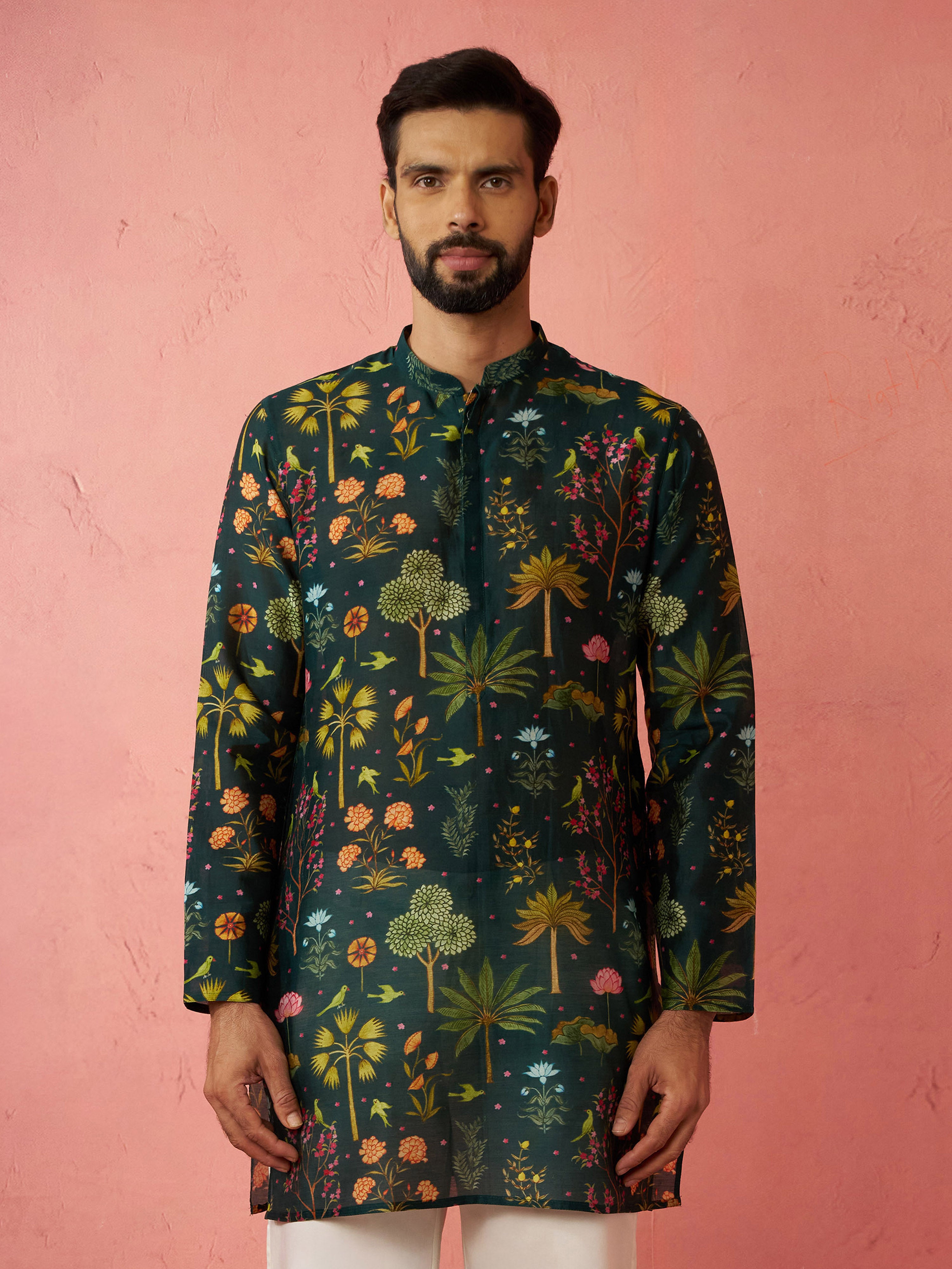 Men's Bottle Green Digital Print Kurta