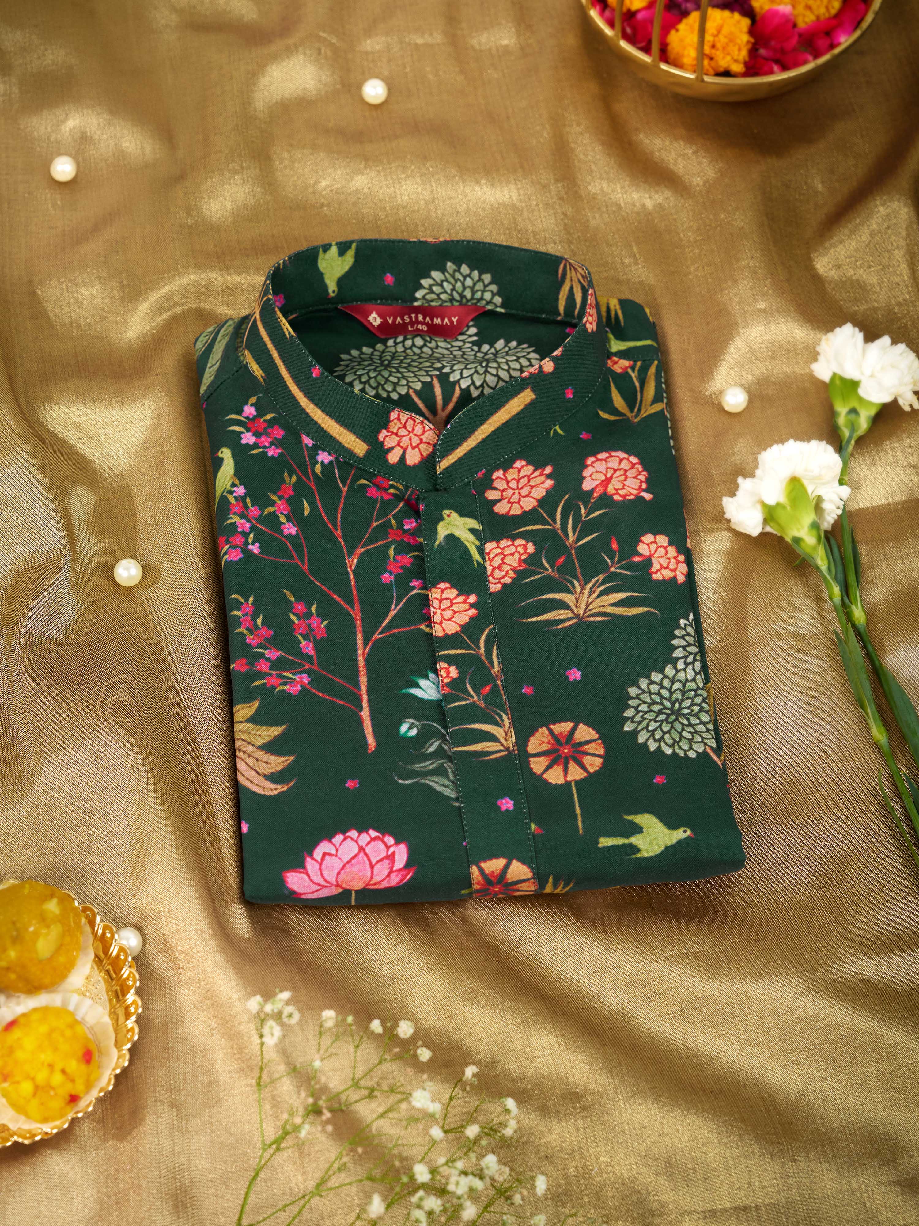 Men's Bottle Green Digital Print Kurta Rakhi Gift Box for Brother | Includes Rakhi & Premium Gift Box