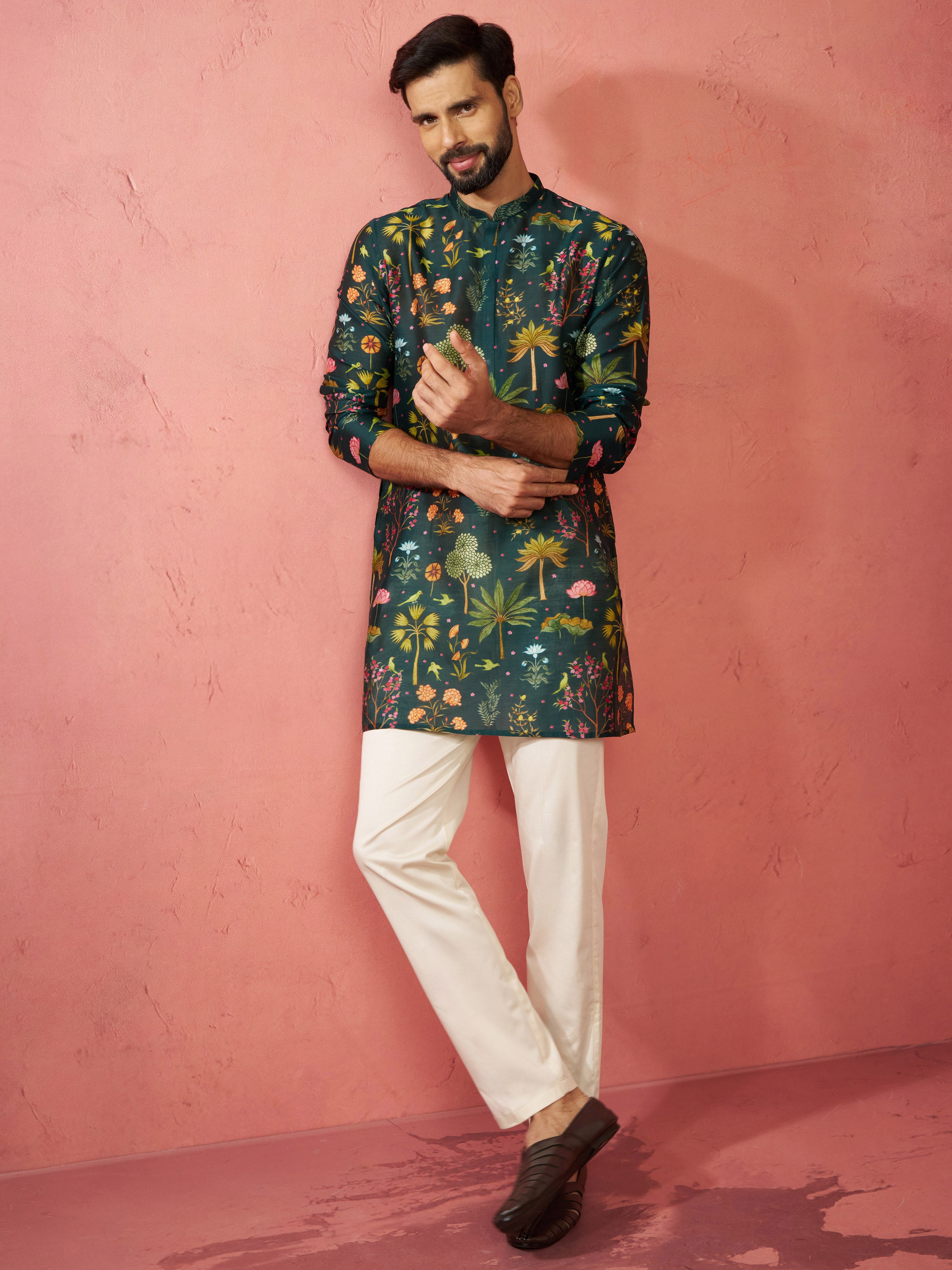 Men's Bottle Green Digital Print Kurta with Cotton Pyjama Set