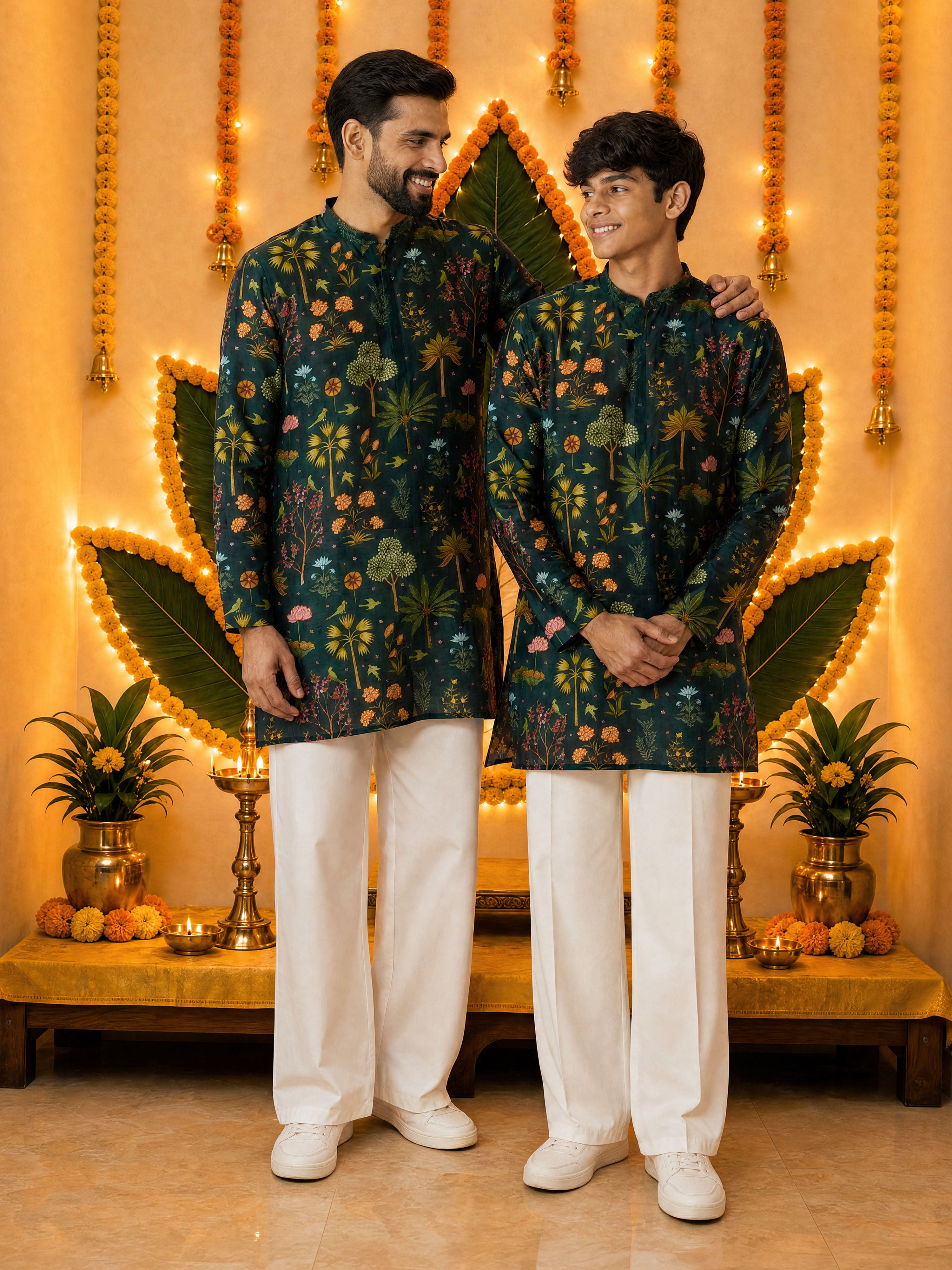 Men's Bottle Green Digital Print Kurta with Cream Satin Palazzo Set