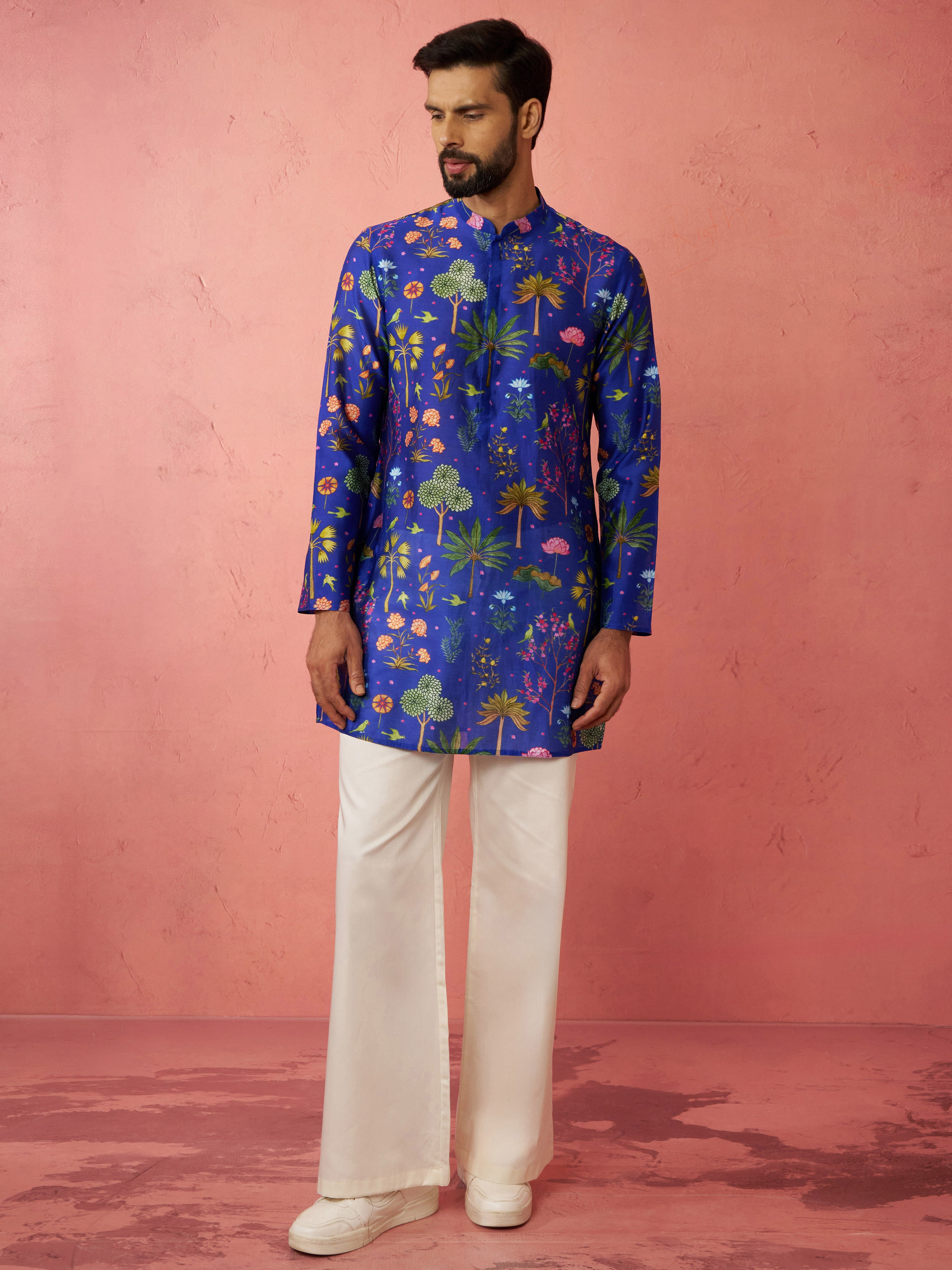 Men's Blue Digital Print Kurta with Cream Satin Palazzo
