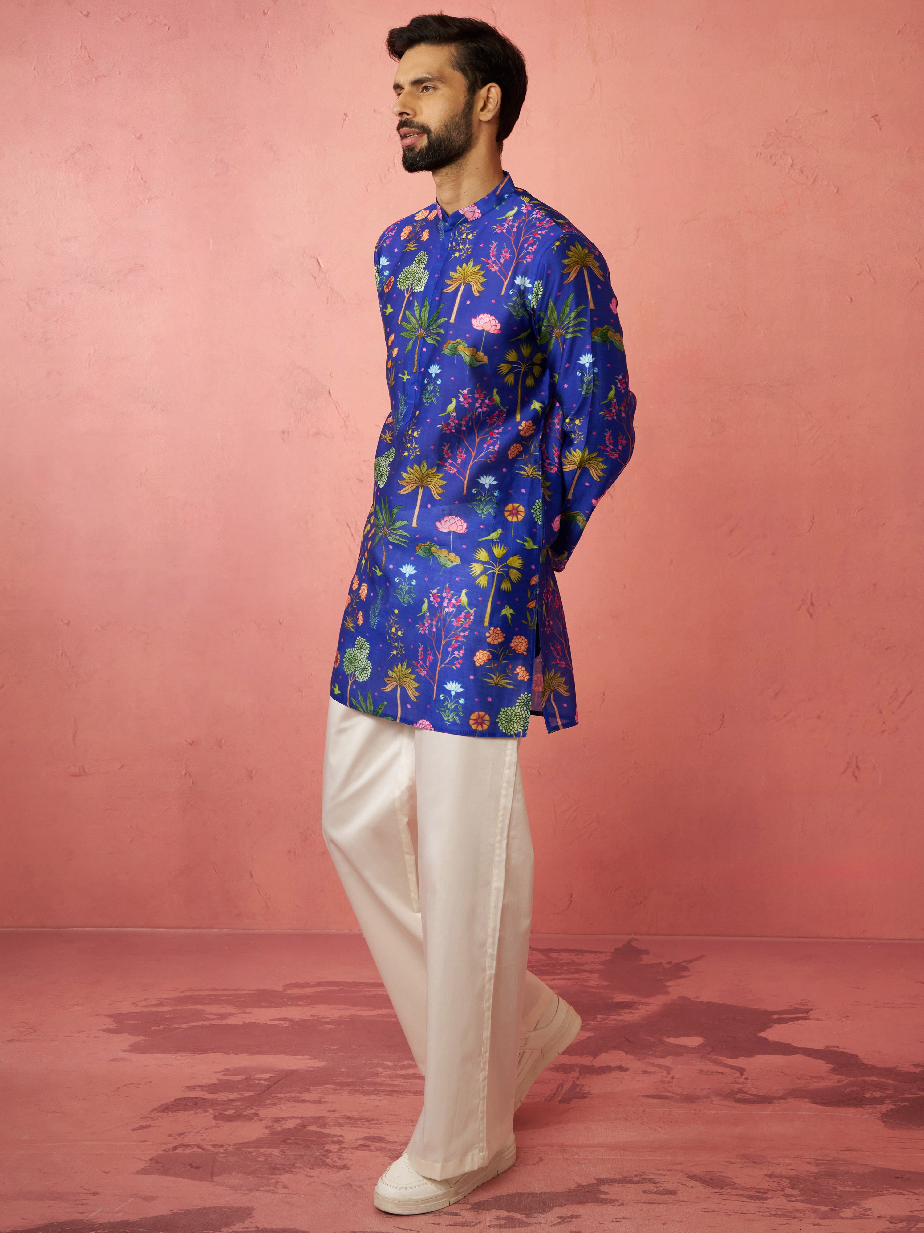 Men's Blue Digital Print Kurta with Cream Satin Palazzo