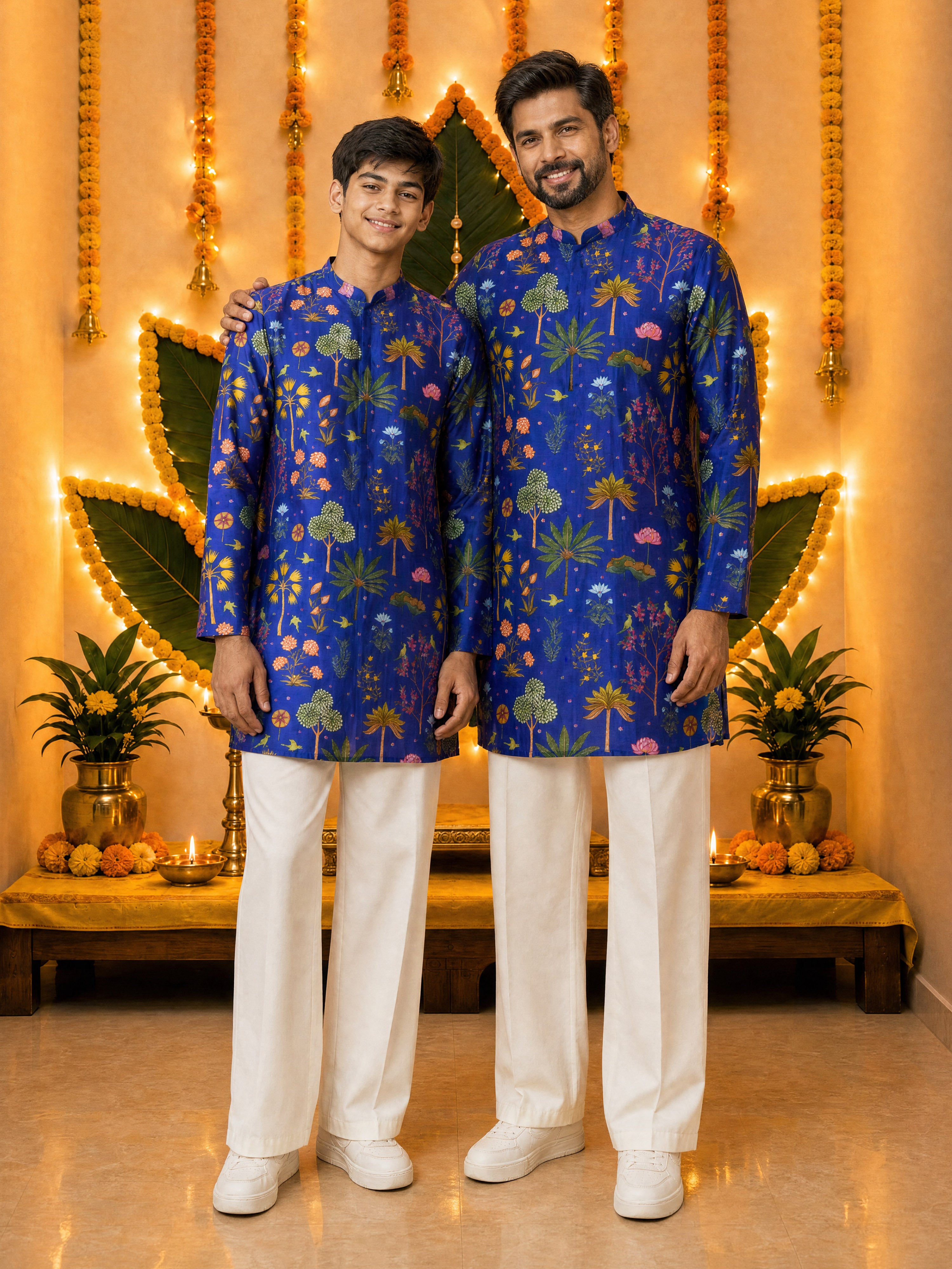 Men's Blue Digital Print Kurta with Cream Satin Wide Leg