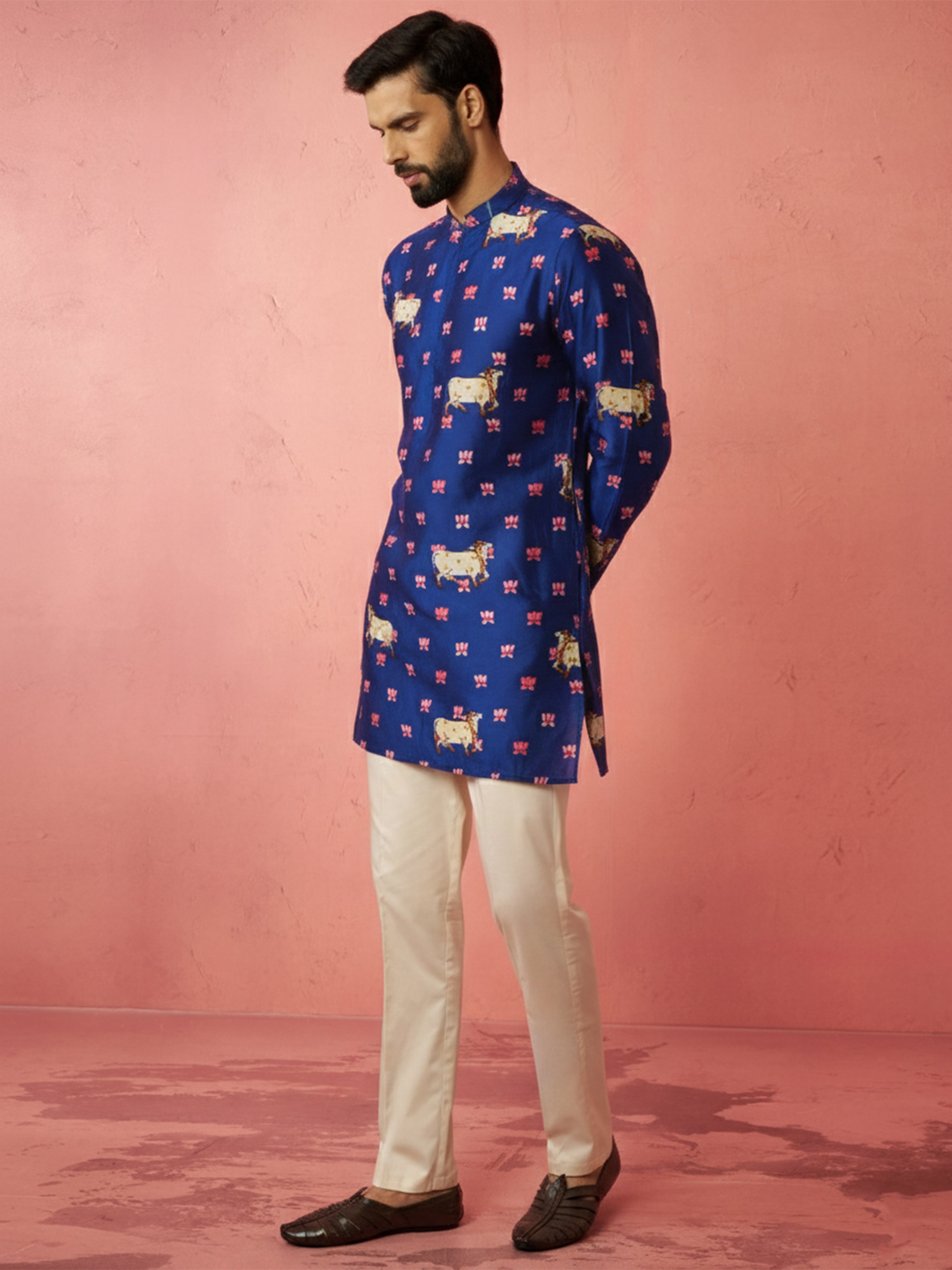 Men's Blue Digital Print Kurta with Cream Cotton Pyjama