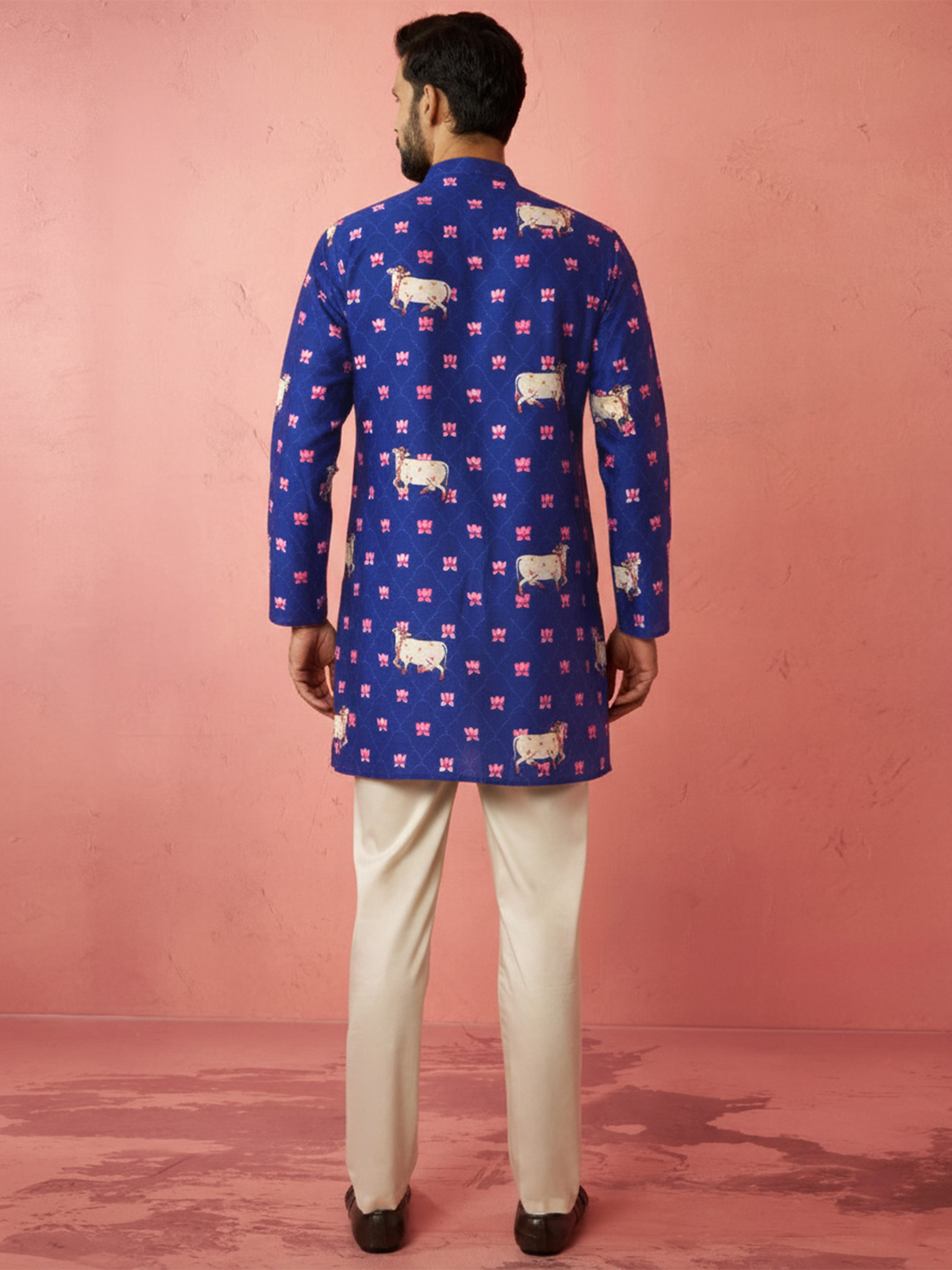 Men's Blue Digital Print Kurta with Cream Cotton Pyjama