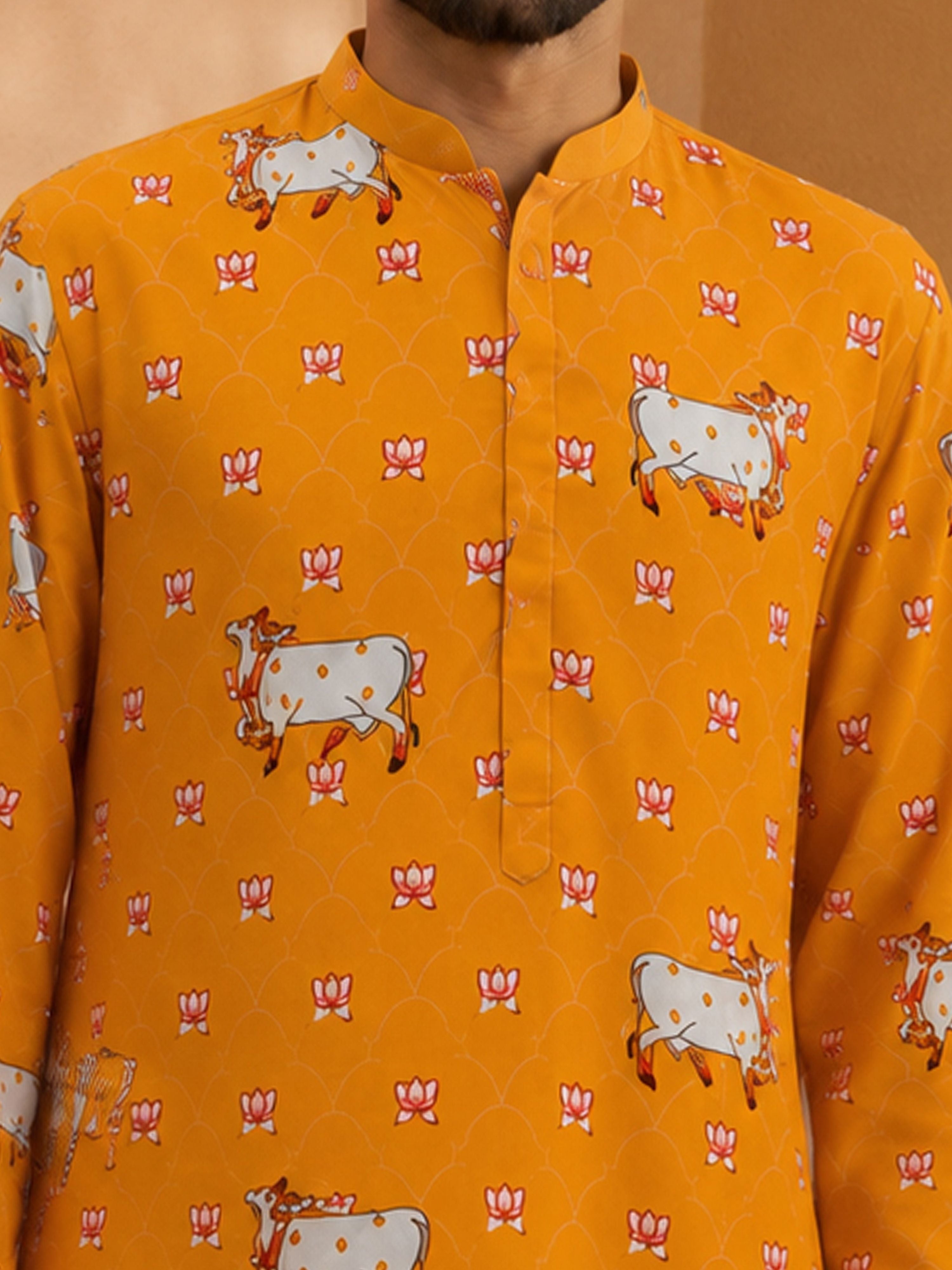 Men's Mustard Woven Fabric Printed Thigh Length Kurta