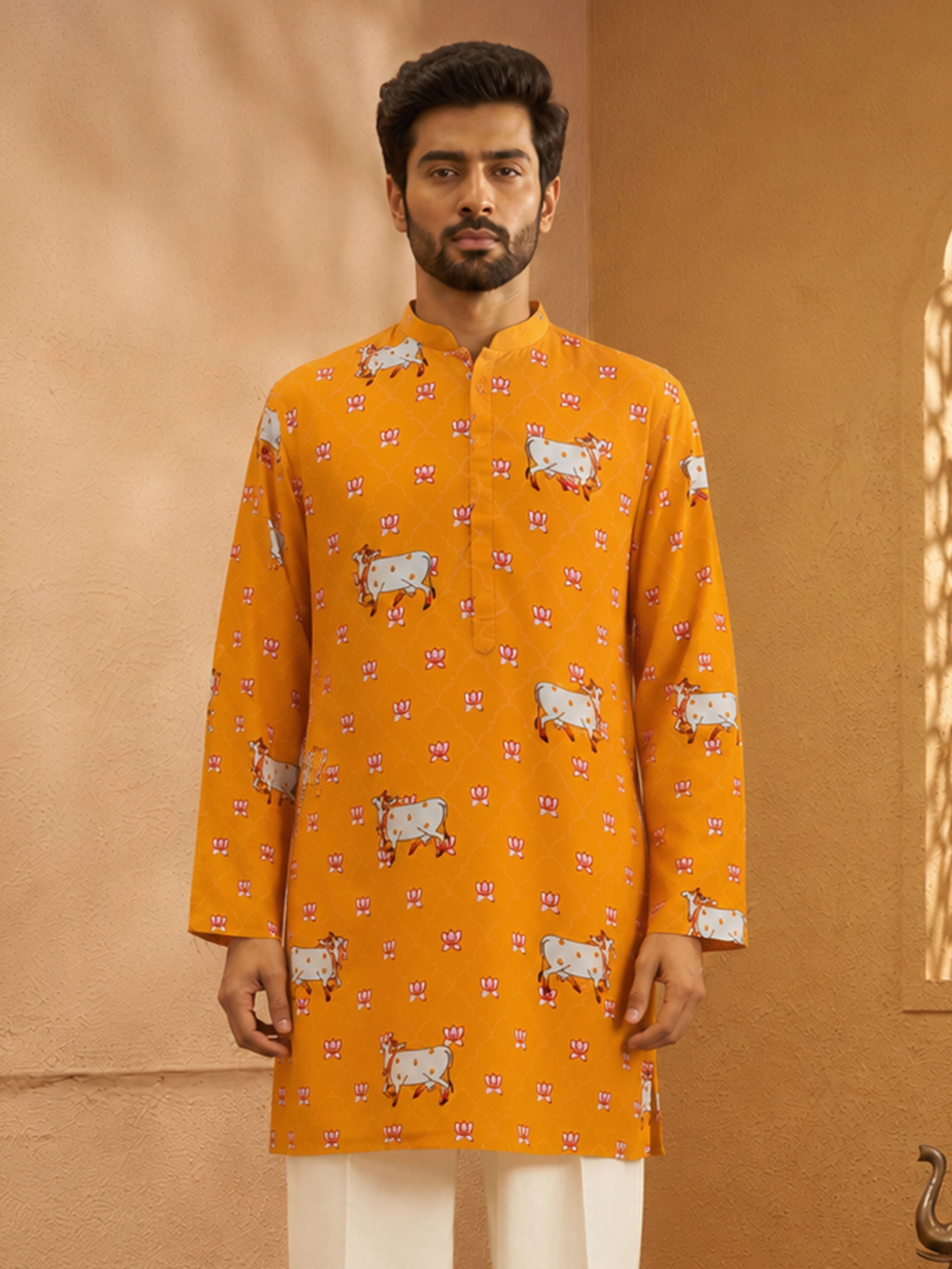Men's Mustard Woven Fabric Printed Thigh Length Kurta