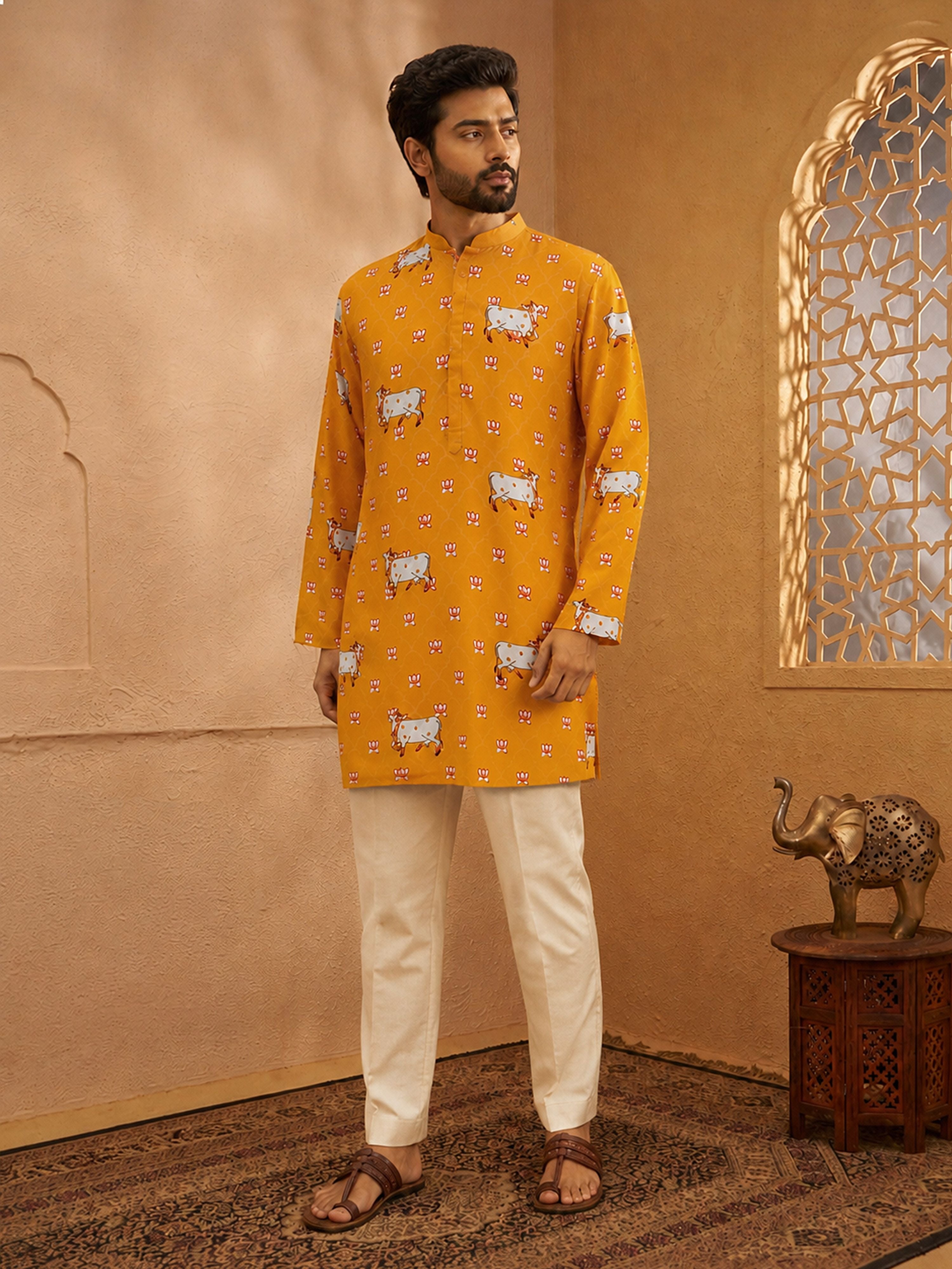 Men Mustard Cotton-Blend Printed Kurta Pant Set