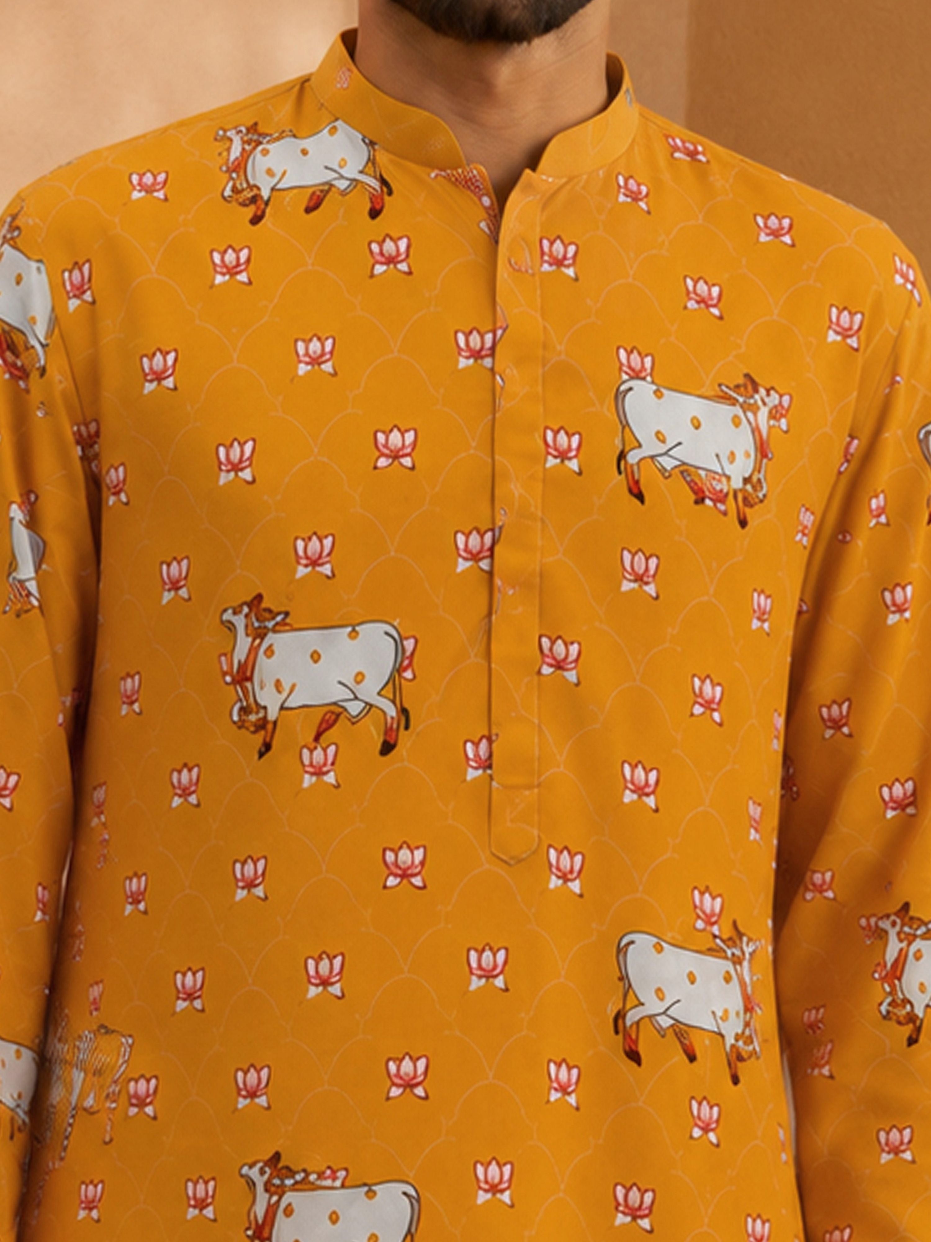 Men's Mustard Cotton-Blend Printed Thigh Length Kurta With Straight Pant
