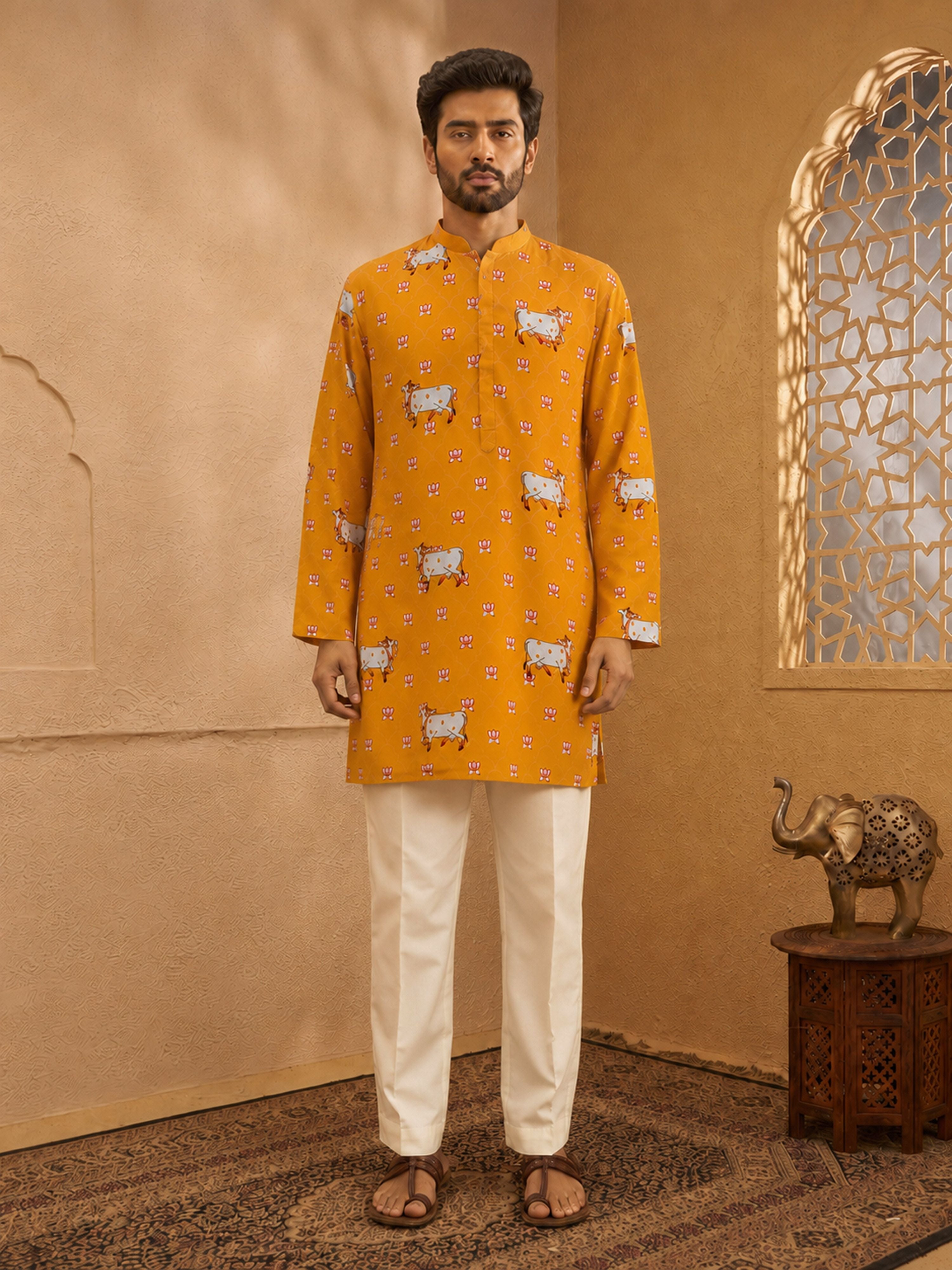 Men's Mustard Cotton-Blend Printed Thigh Length Kurta With Straight Pant