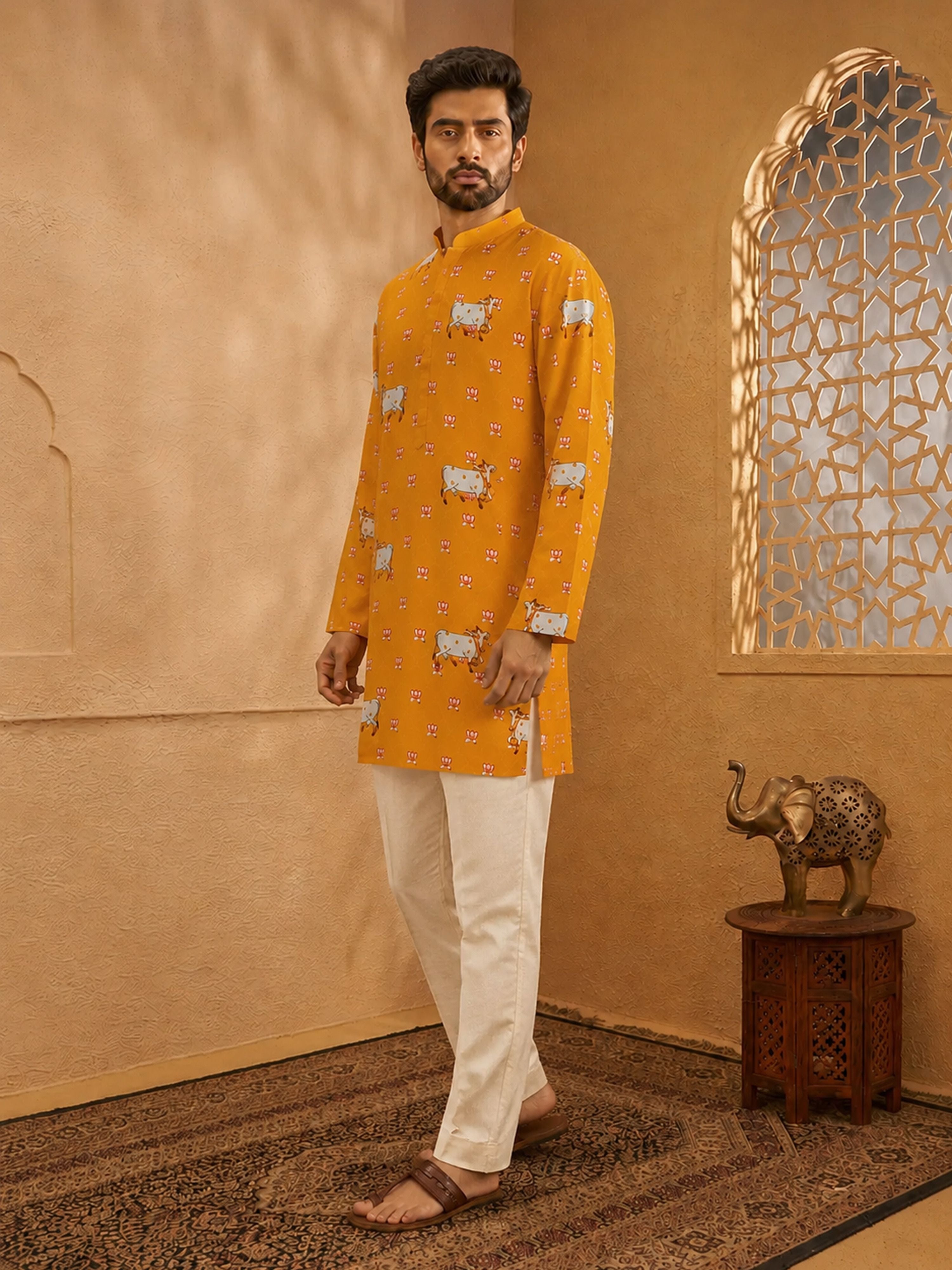 Men's Mustard Cotton-Blend Printed Thigh Length Kurta With Straight Pant