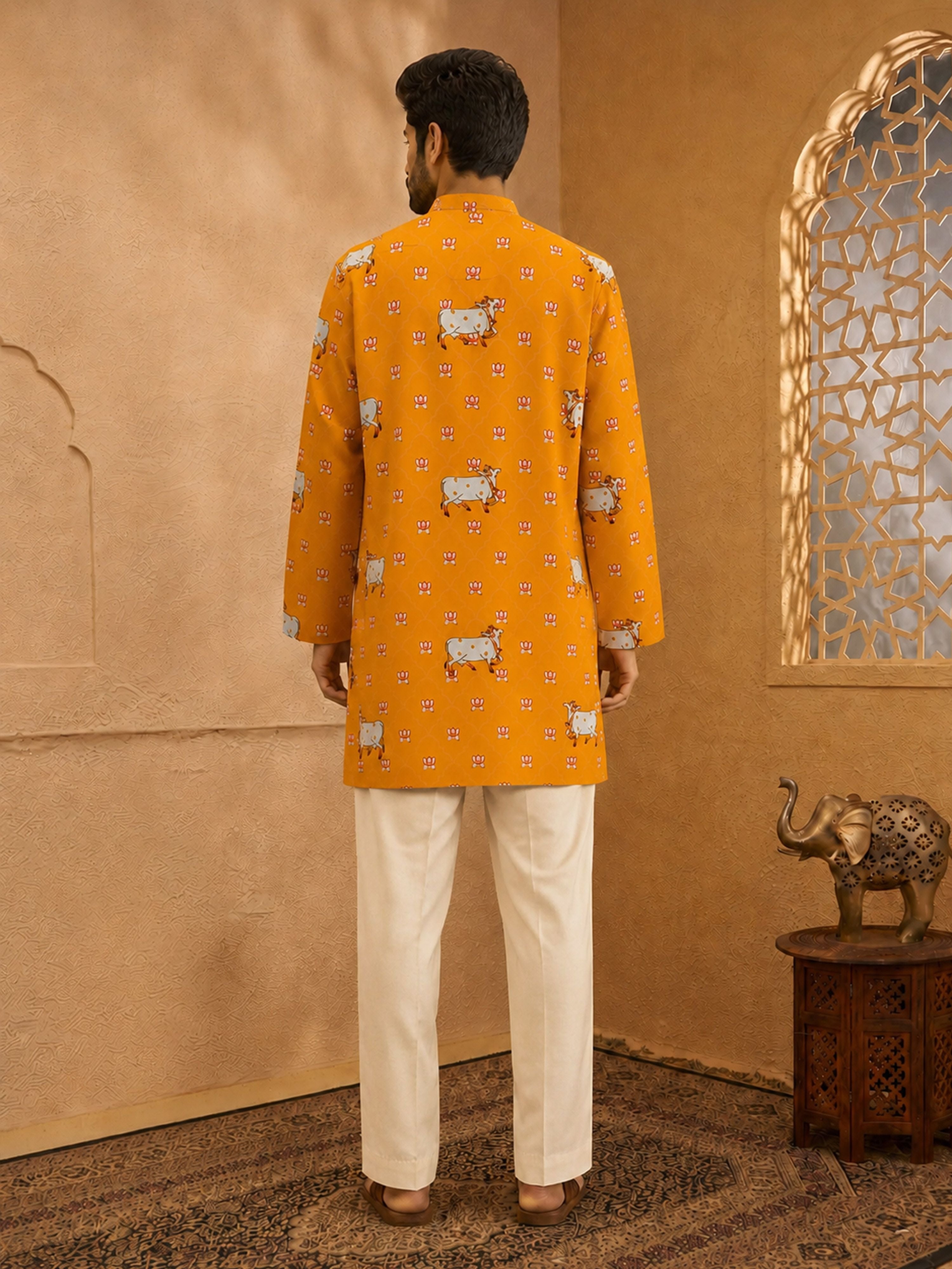 Men's Mustard Cotton-Blend Printed Thigh Length Kurta With Straight Pant