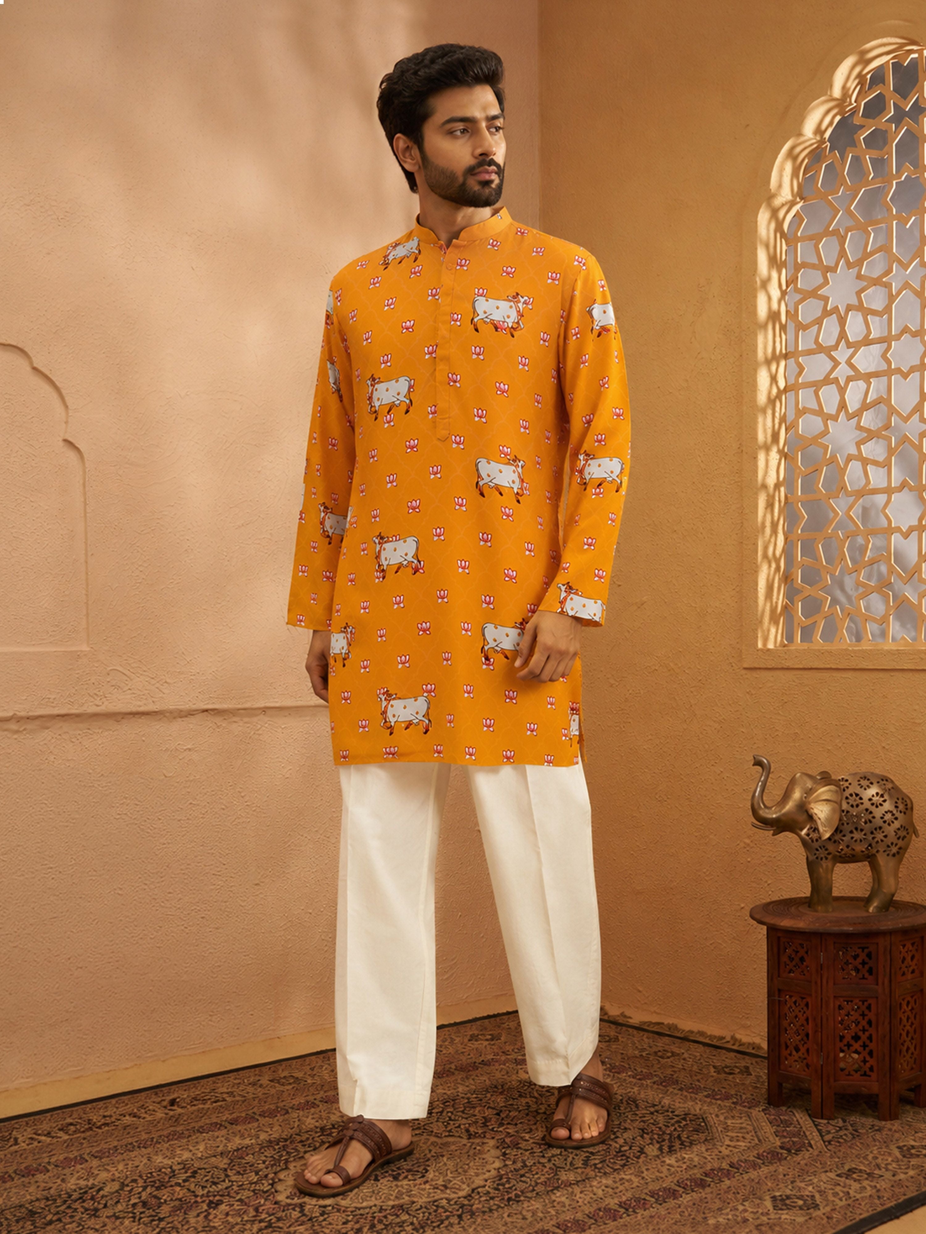Mustard Satin Printed Kurta Pant Set with Mandarin Collar