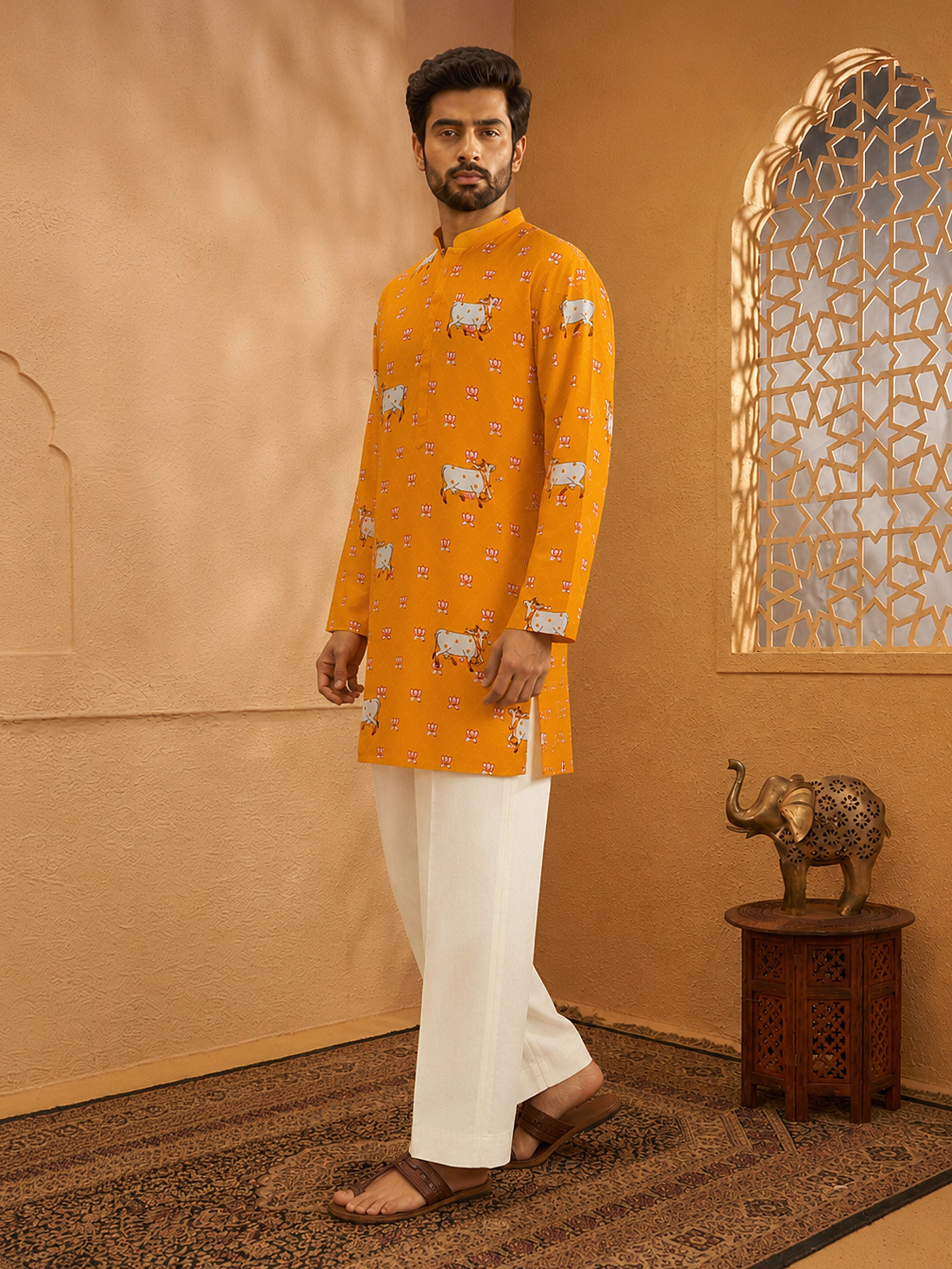 Men's Mustard Satin Printed Thigh Length Kurta With Wide Leg Pant