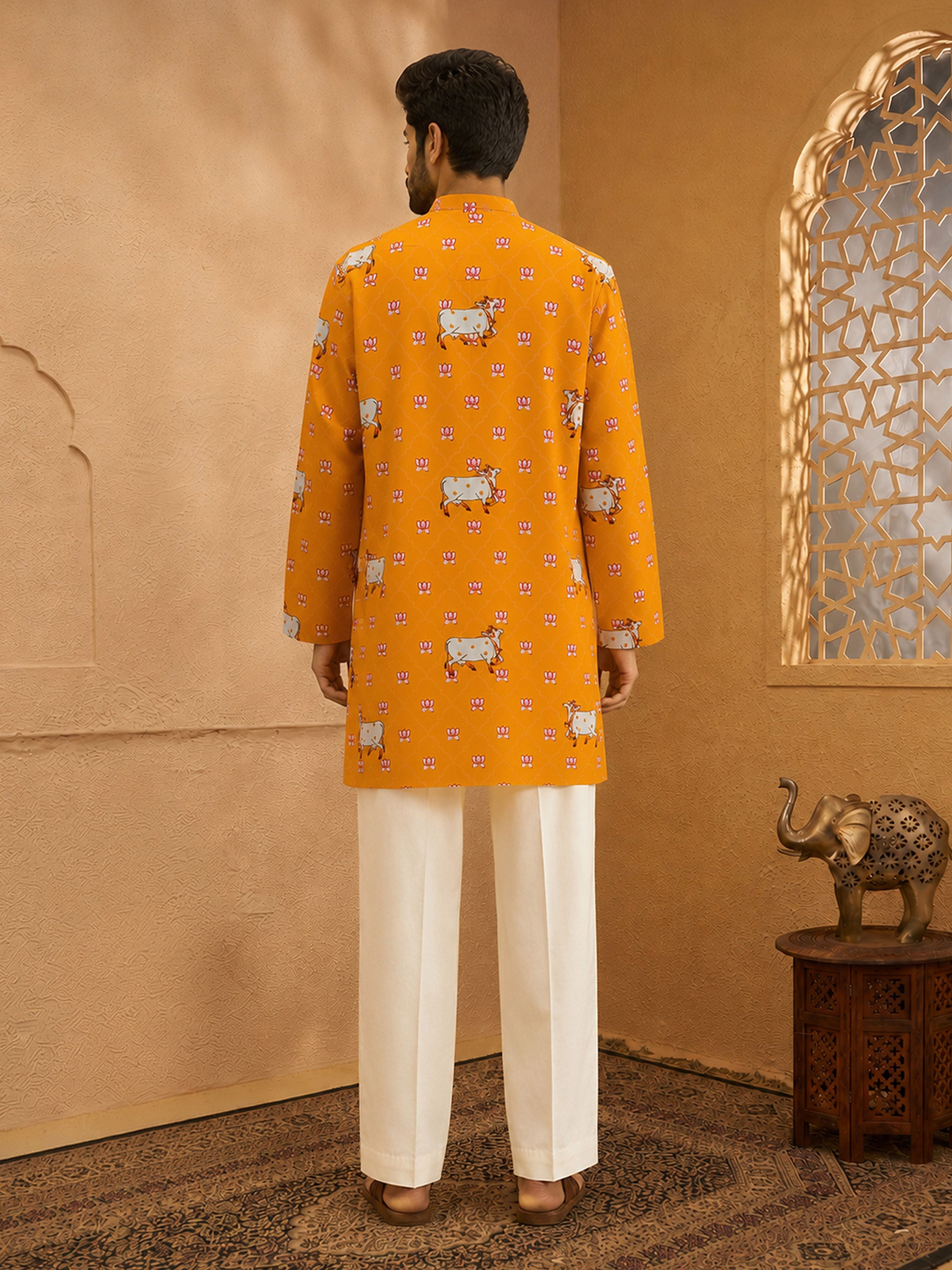 Men's Mustard Satin Printed Thigh Length Kurta With Wide Leg Pant