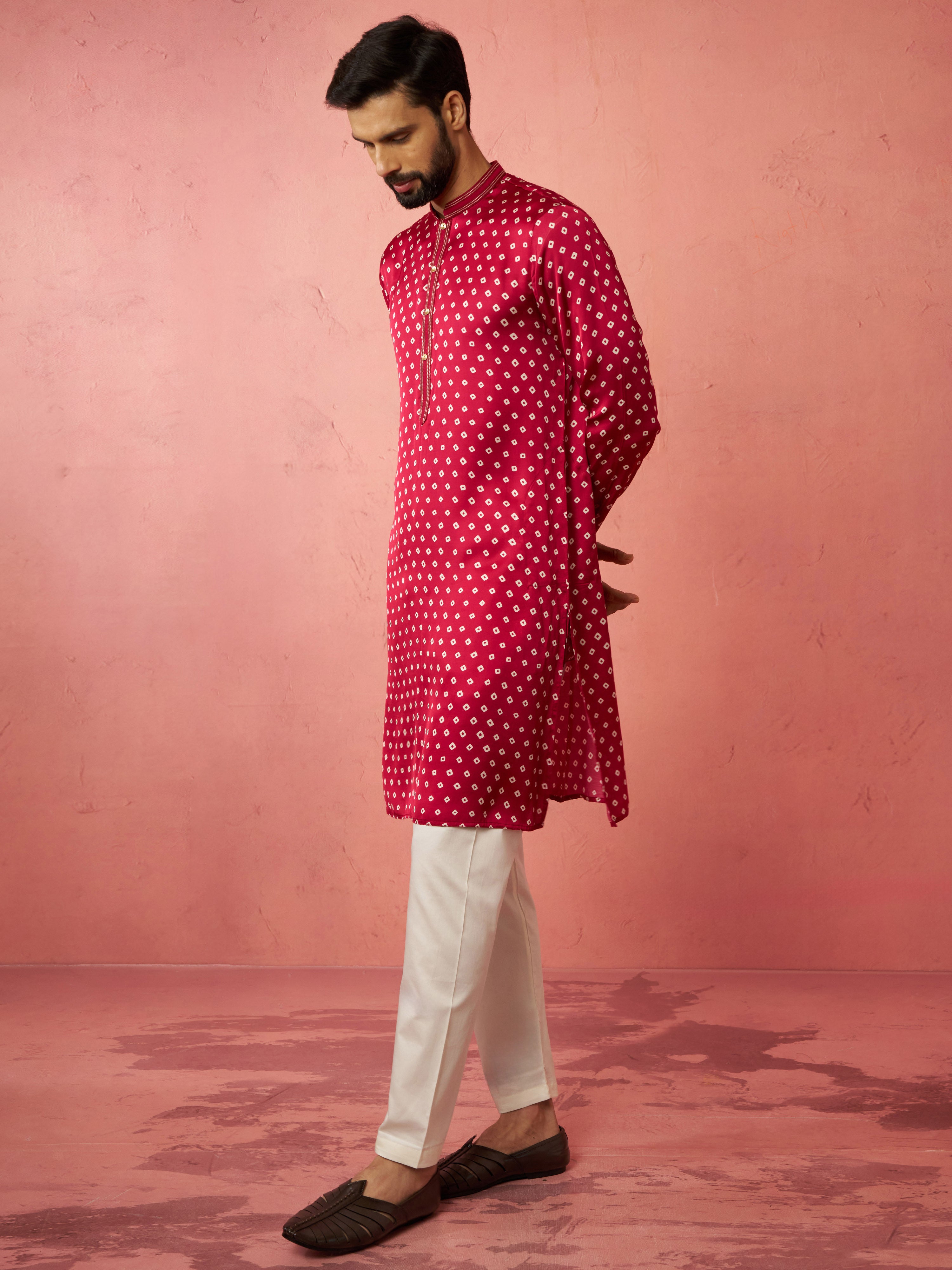 Men's Falsa Digital Print Long Kurta with Cream Satin Pyjama Set