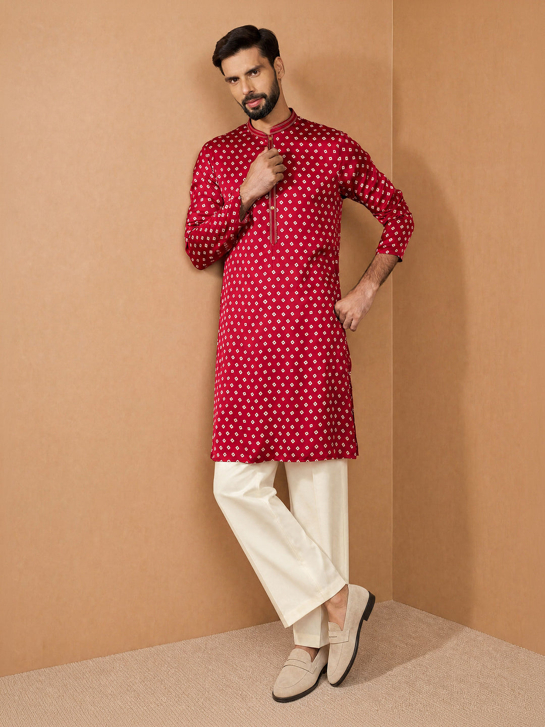 Men Maroon Silk Blend Kurta with Wide leg Pant Festive Ethnic Wear