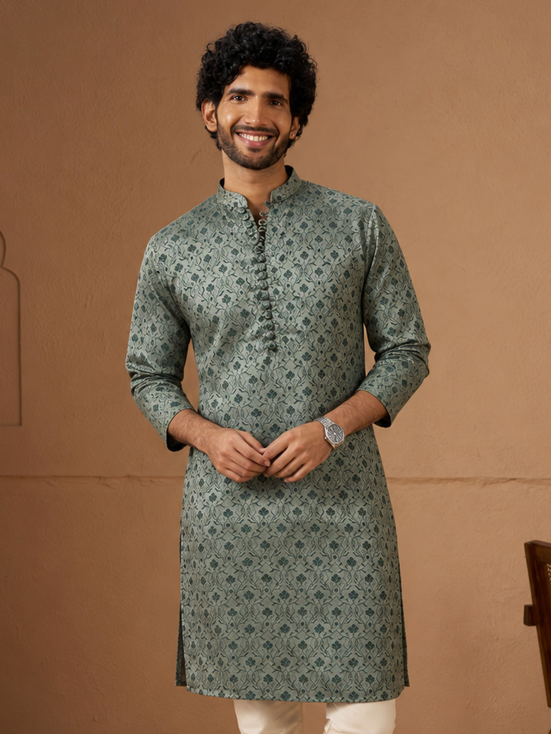 Men Green Silk Blend Kurta Festive, Diwali Ethnic Wear