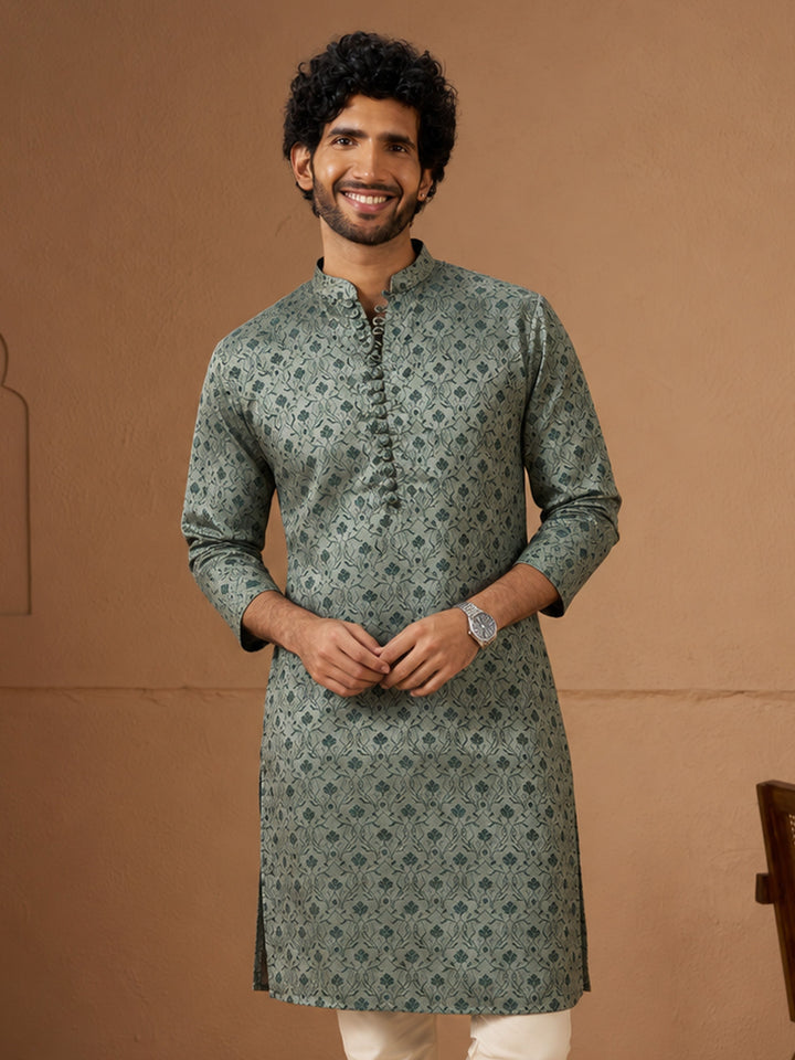 Men Green Silk Blend Kurta Festive, Diwali Ethnic Wear
